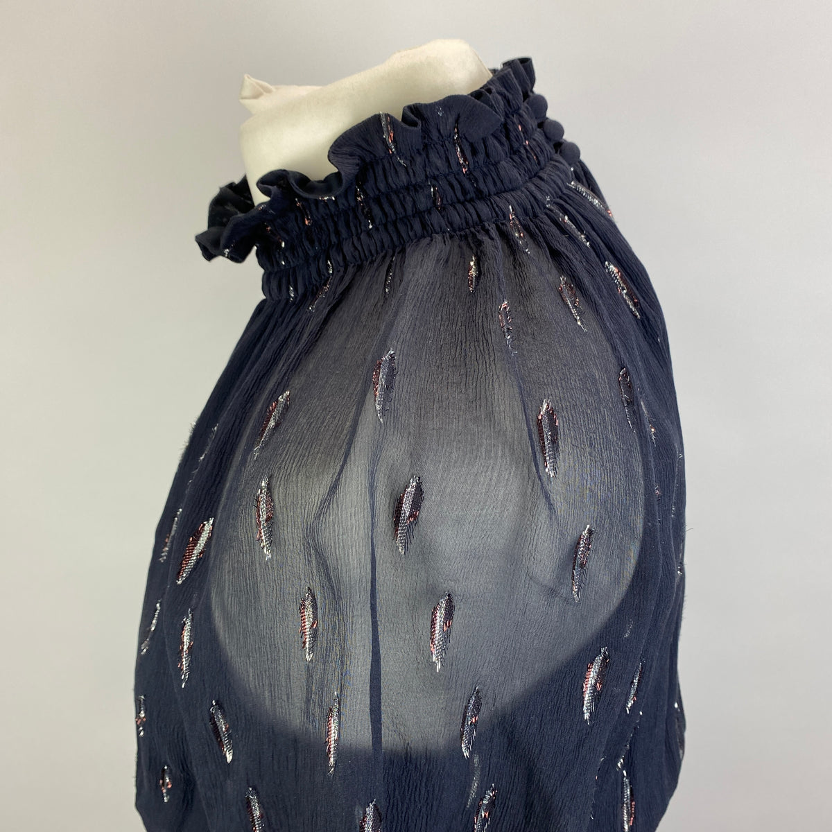 Rebecca Taylor Navy & Metallic Tufted Silk Shirred Midi Dress XS