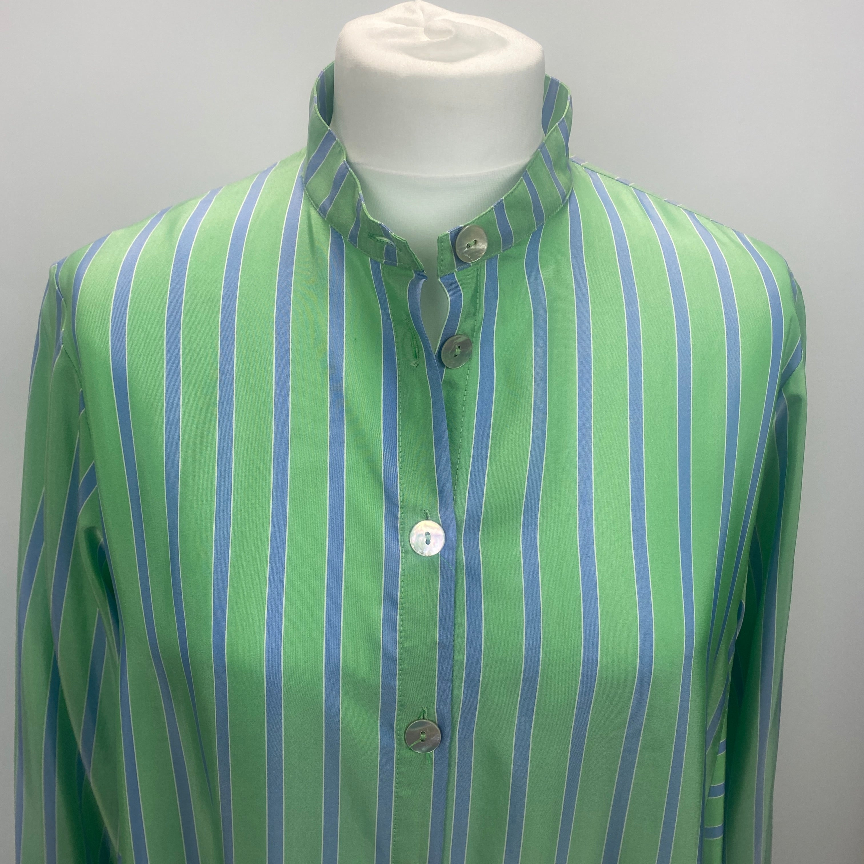 Thierry Colson £829 Lime & Blue Stripe Silk Alla Shirt Dress L