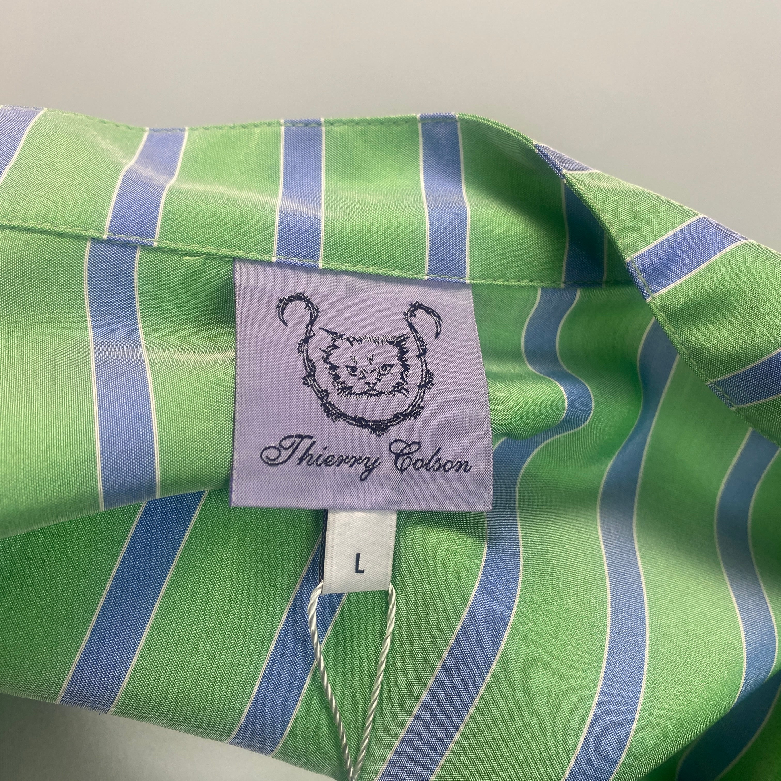 Thierry Colson £829 Lime & Blue Stripe Silk Alla Shirt Dress L