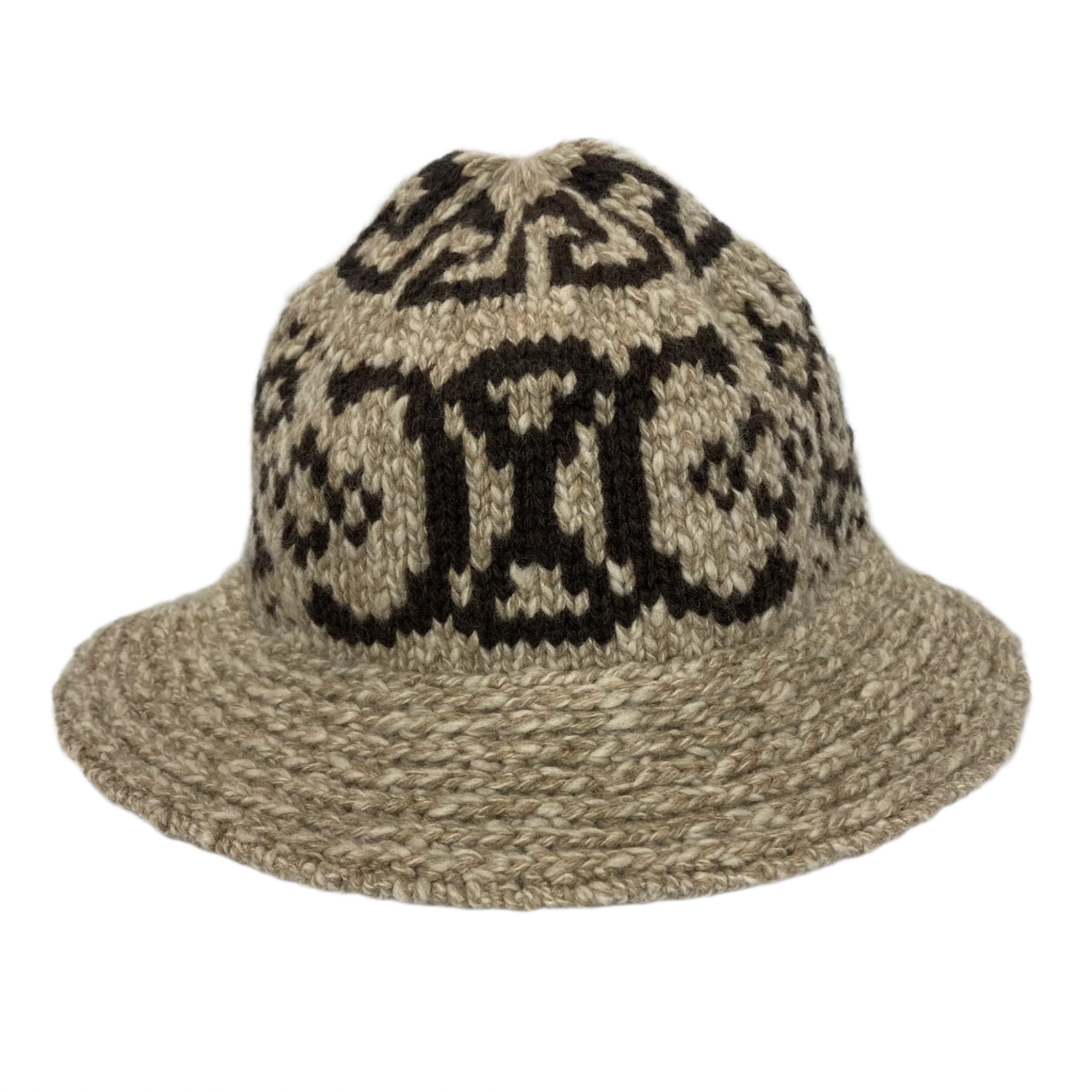 Celine £390 Taupe & Brown Chunky Fair Isle Wool Bucket Hat O/S