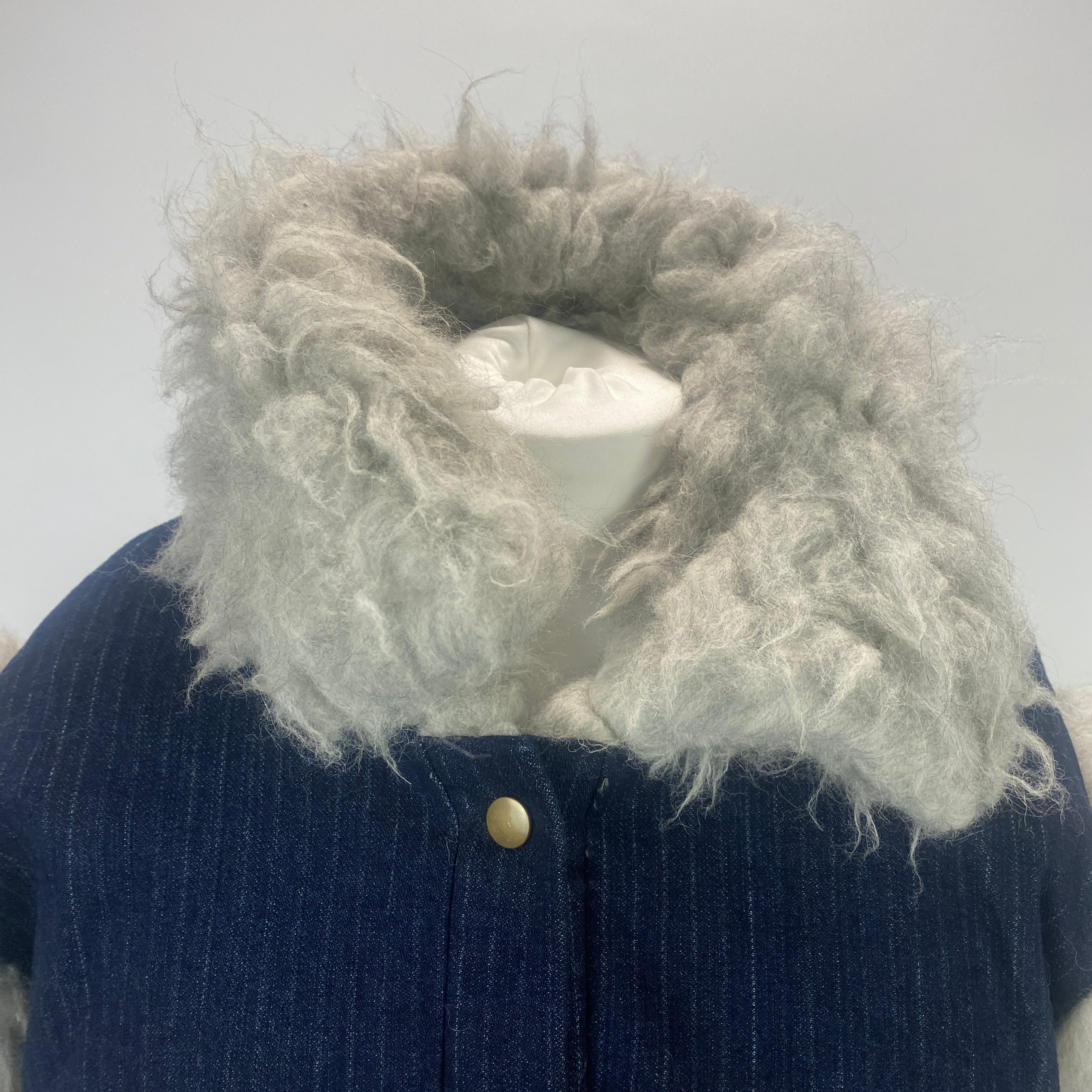 Gunda Hafner Grey Shaggy Wool & Blue Pinstripe Jacket M/L