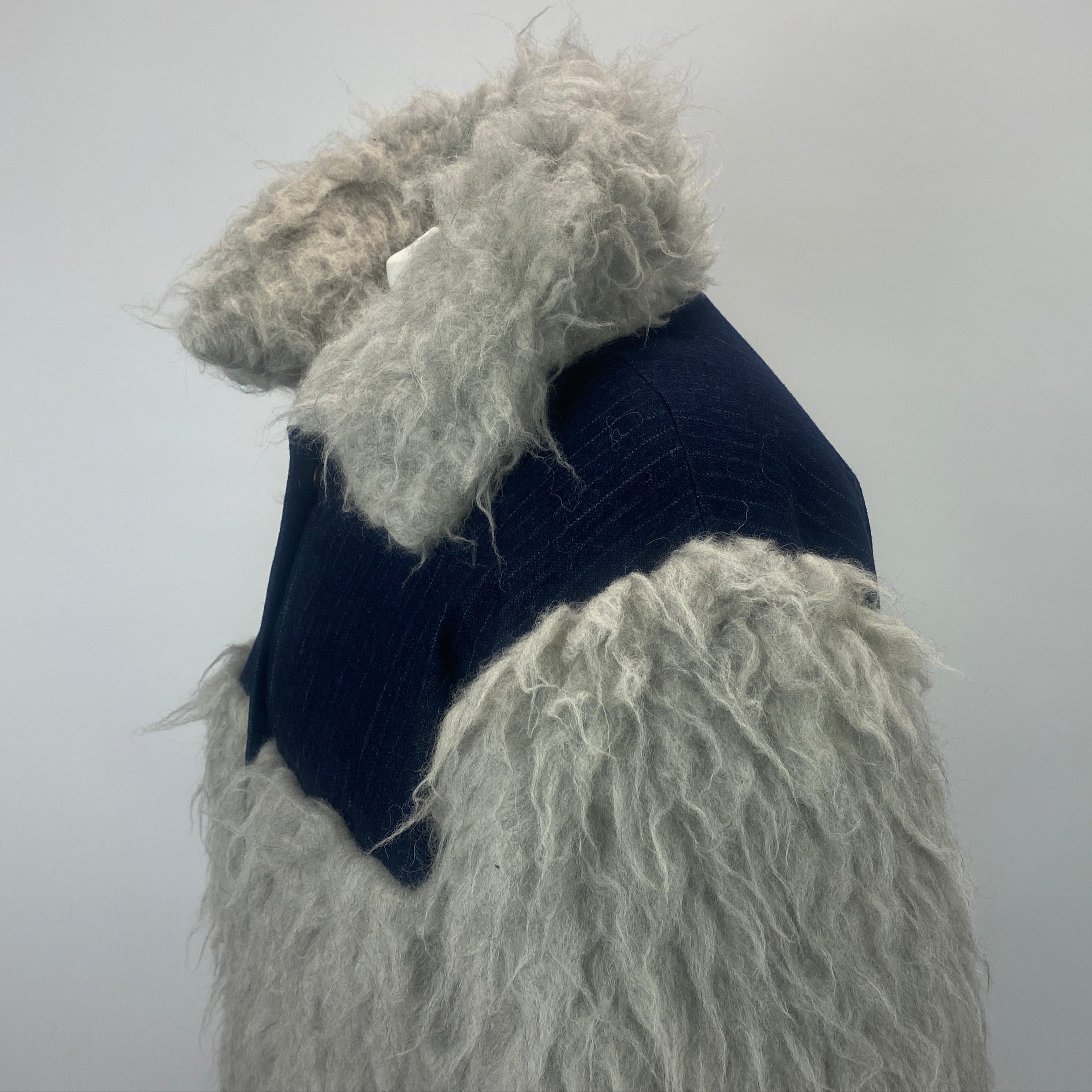 Gunda Hafner Grey Shaggy Wool & Blue Pinstripe Jacket M/L