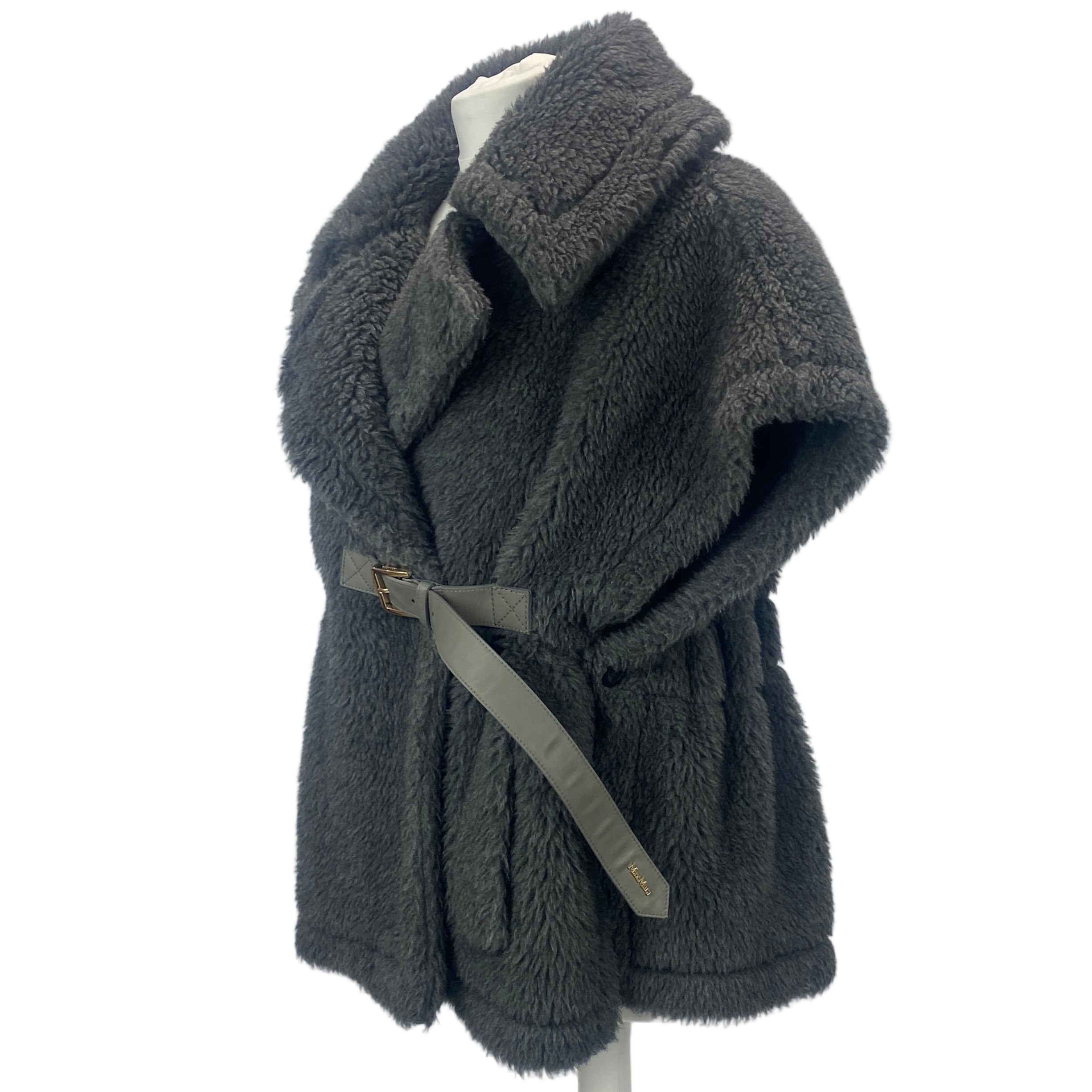 Max Mara £1200 Grey Alpaca & Cashmere Teddy Gilet Cape S/M