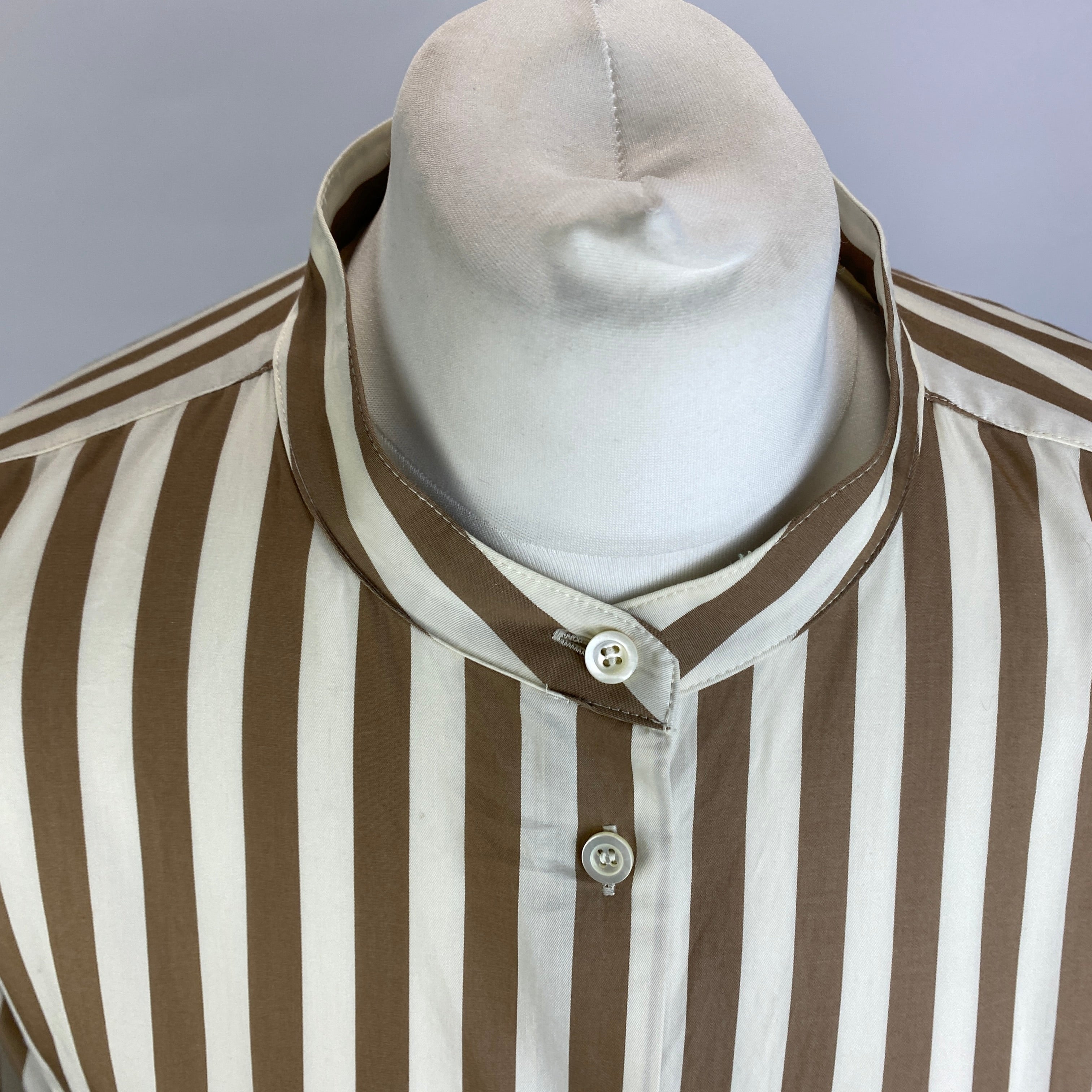 Frame Taupe Stripe Cotton Collarless Shirt L