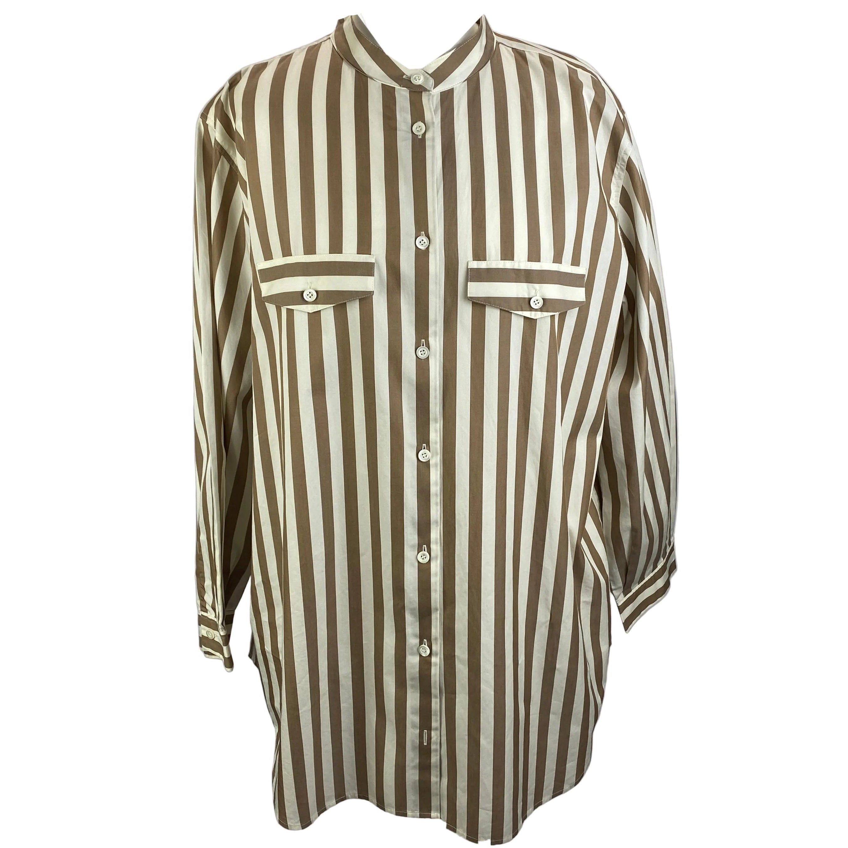Frame Taupe Stripe Cotton Collarless Shirt L