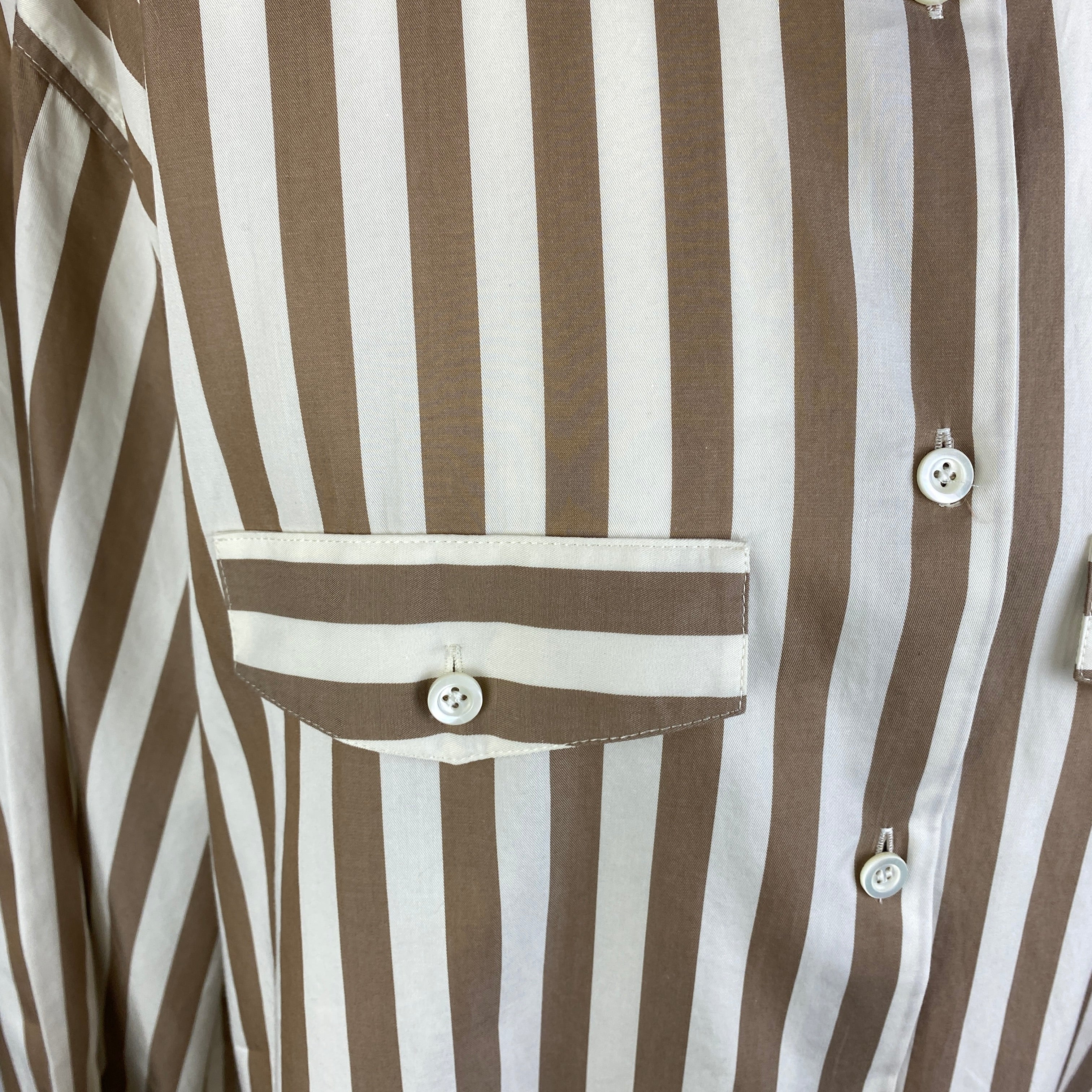 Frame Taupe Stripe Cotton Collarless Shirt L