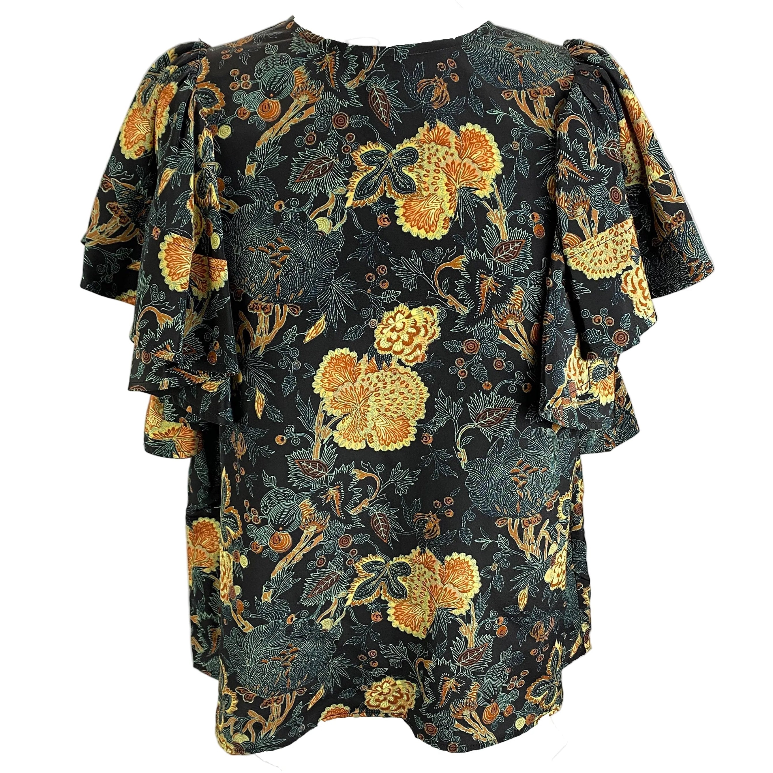 Ulla Johnson Black & Lime Floral Silk Ruffle Sleeve Blouse M