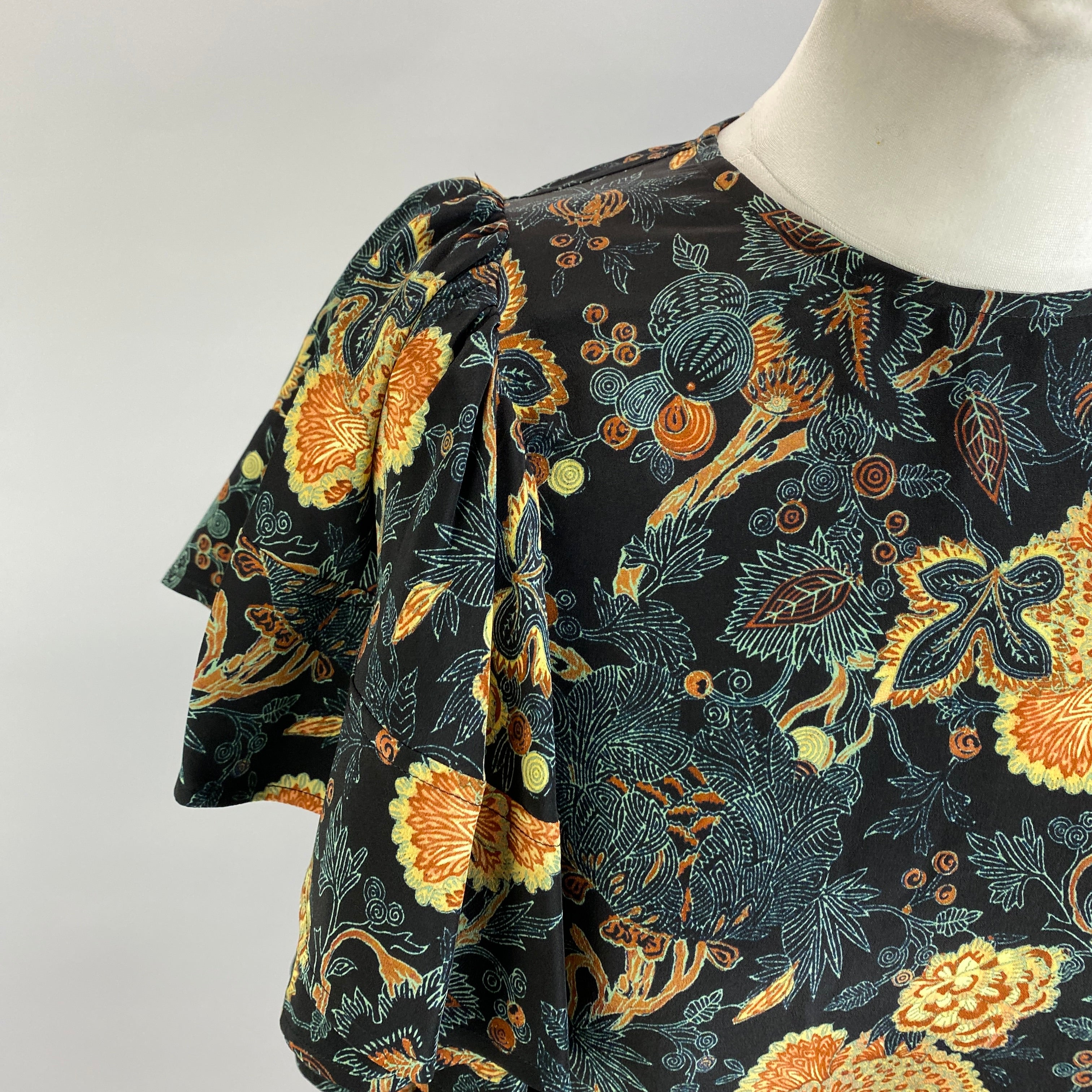 Ulla Johnson Black & Lime Floral Silk Ruffle Sleeve Blouse M