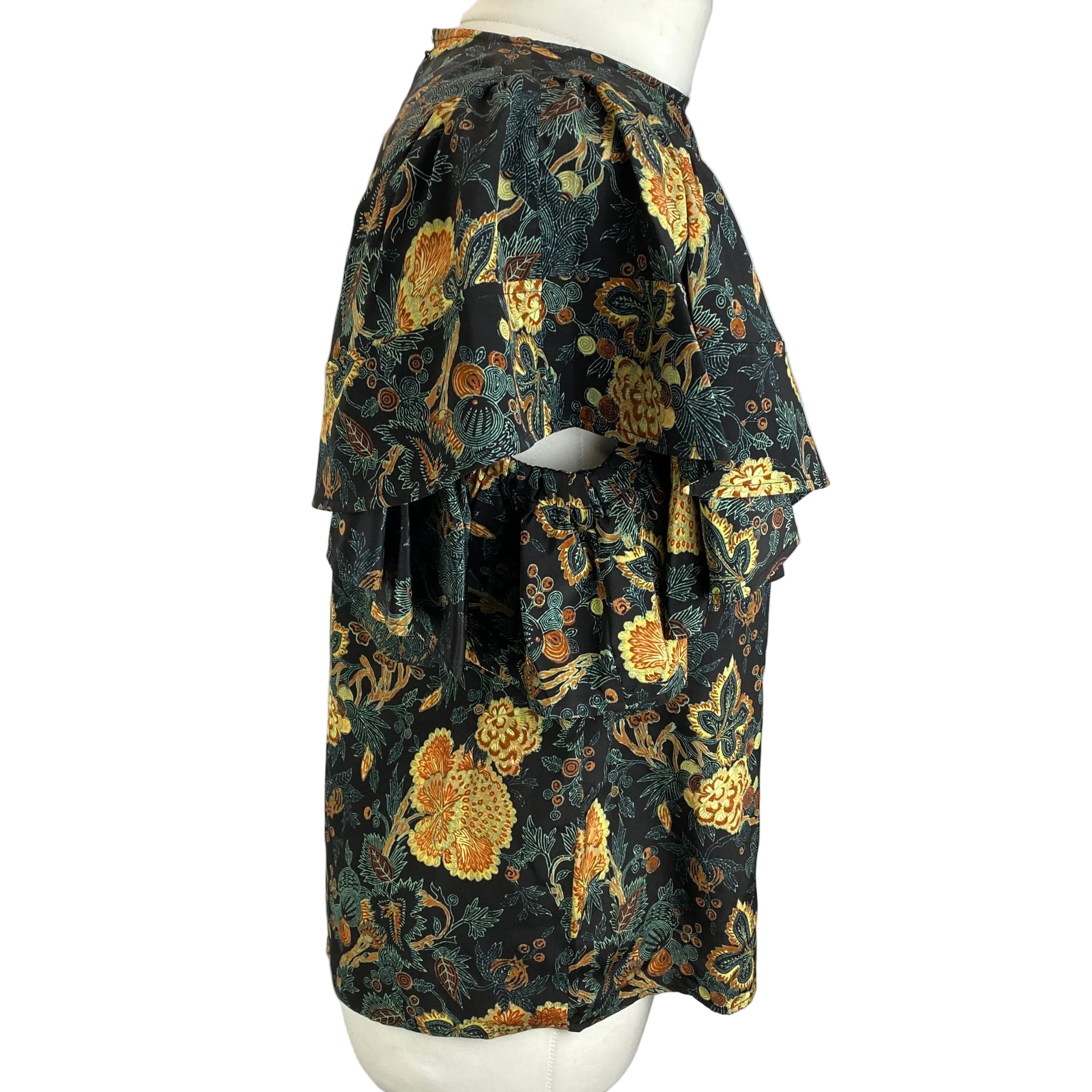 Ulla Johnson Black & Lime Floral Silk Ruffle Sleeve Blouse M