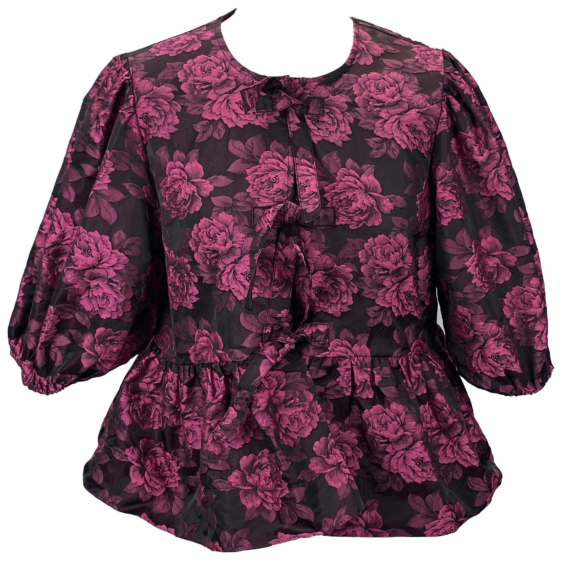 Ganni £245 Pink Brocade Tie Front Top M/L