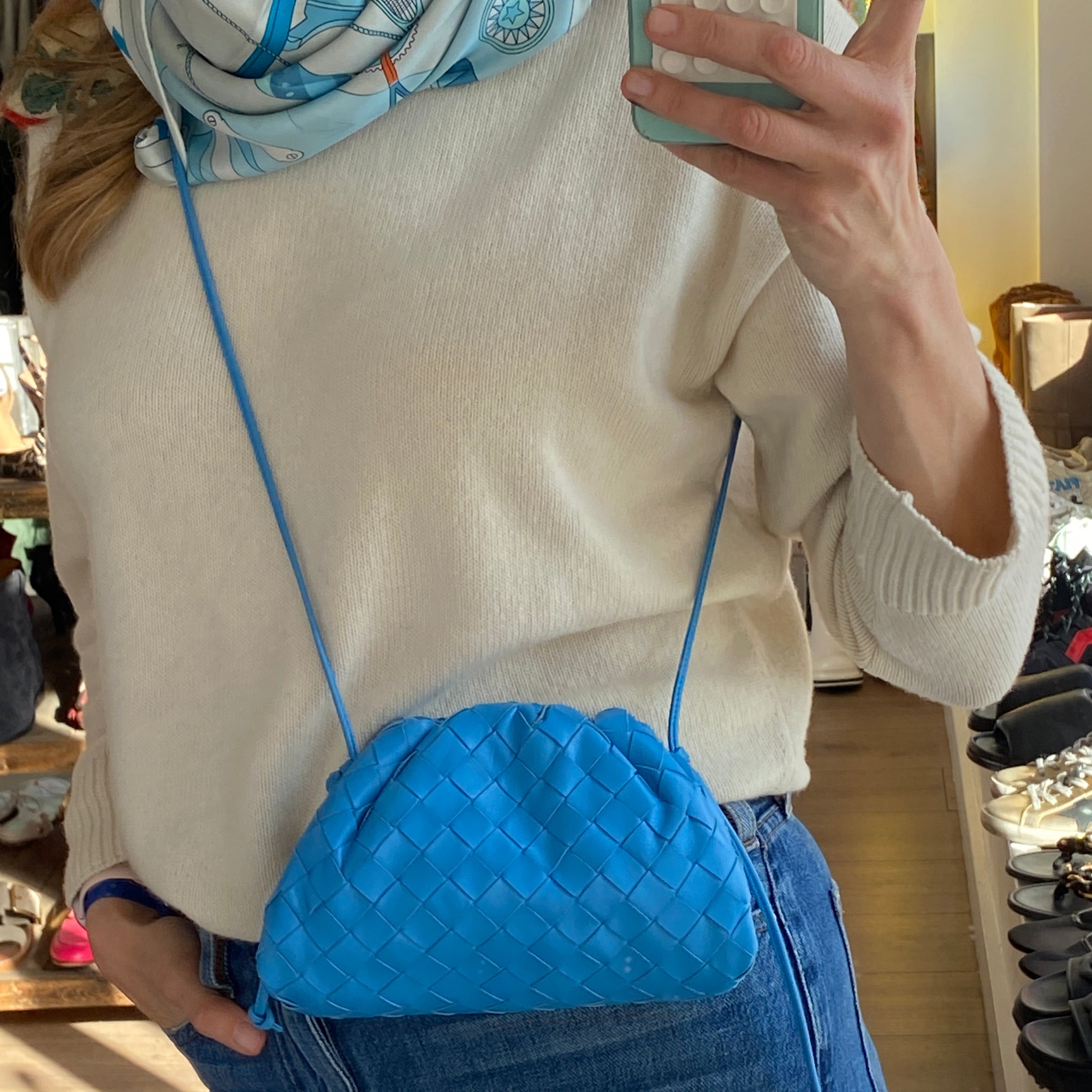 Bottega Veneta The Mini Blue Intrecciato Pouch Bag