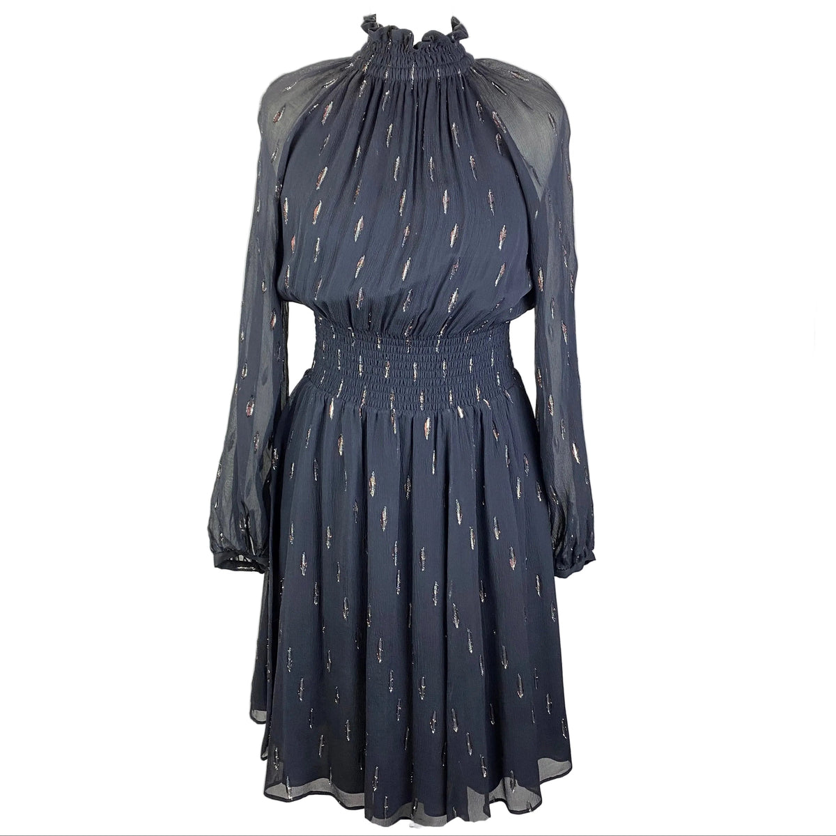 Rebecca Taylor Navy & Metallic Tufted Silk Shirred Midi Dress XS