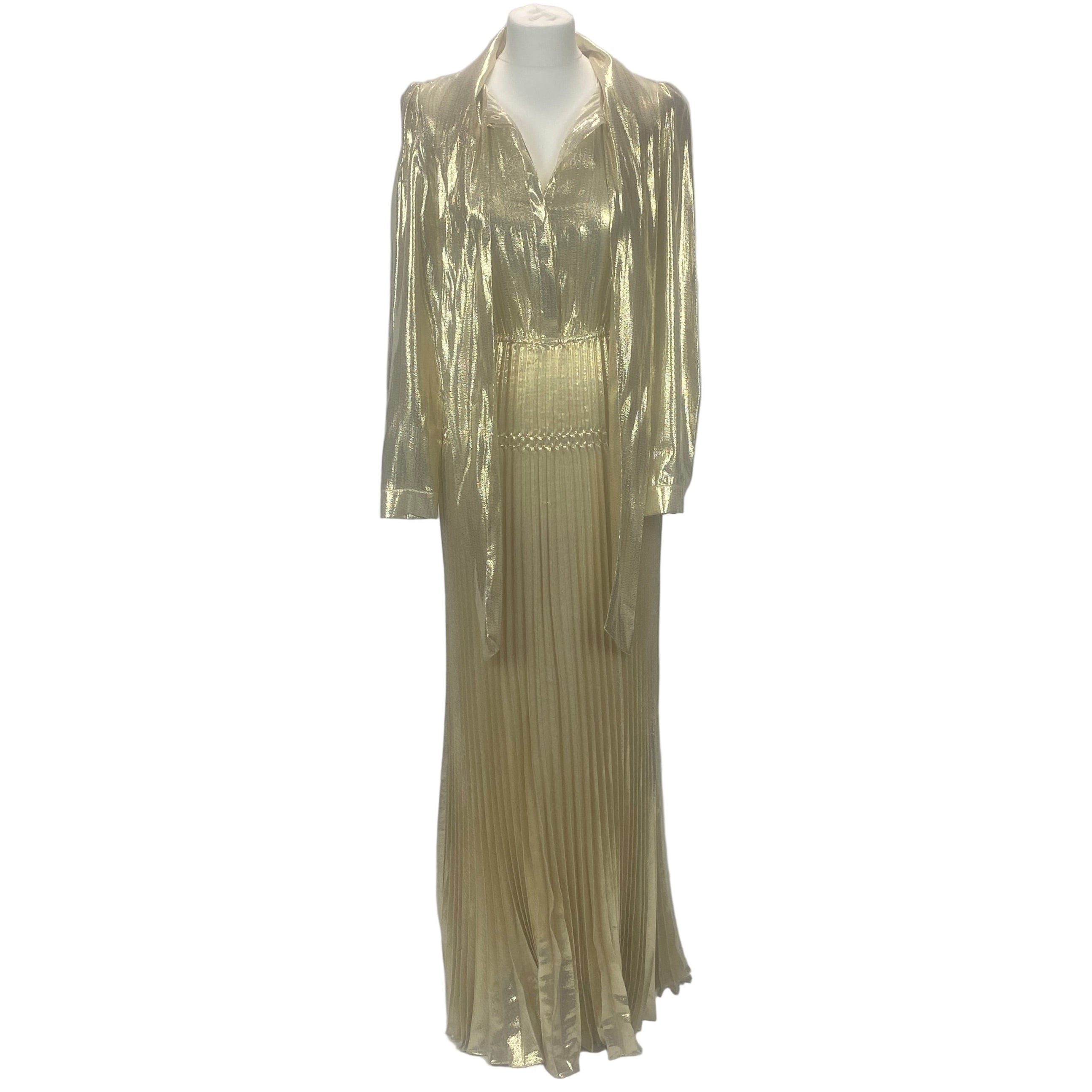 Self-Portrait £595 Gold Metallic Tie Neck Maxi Dress XXS