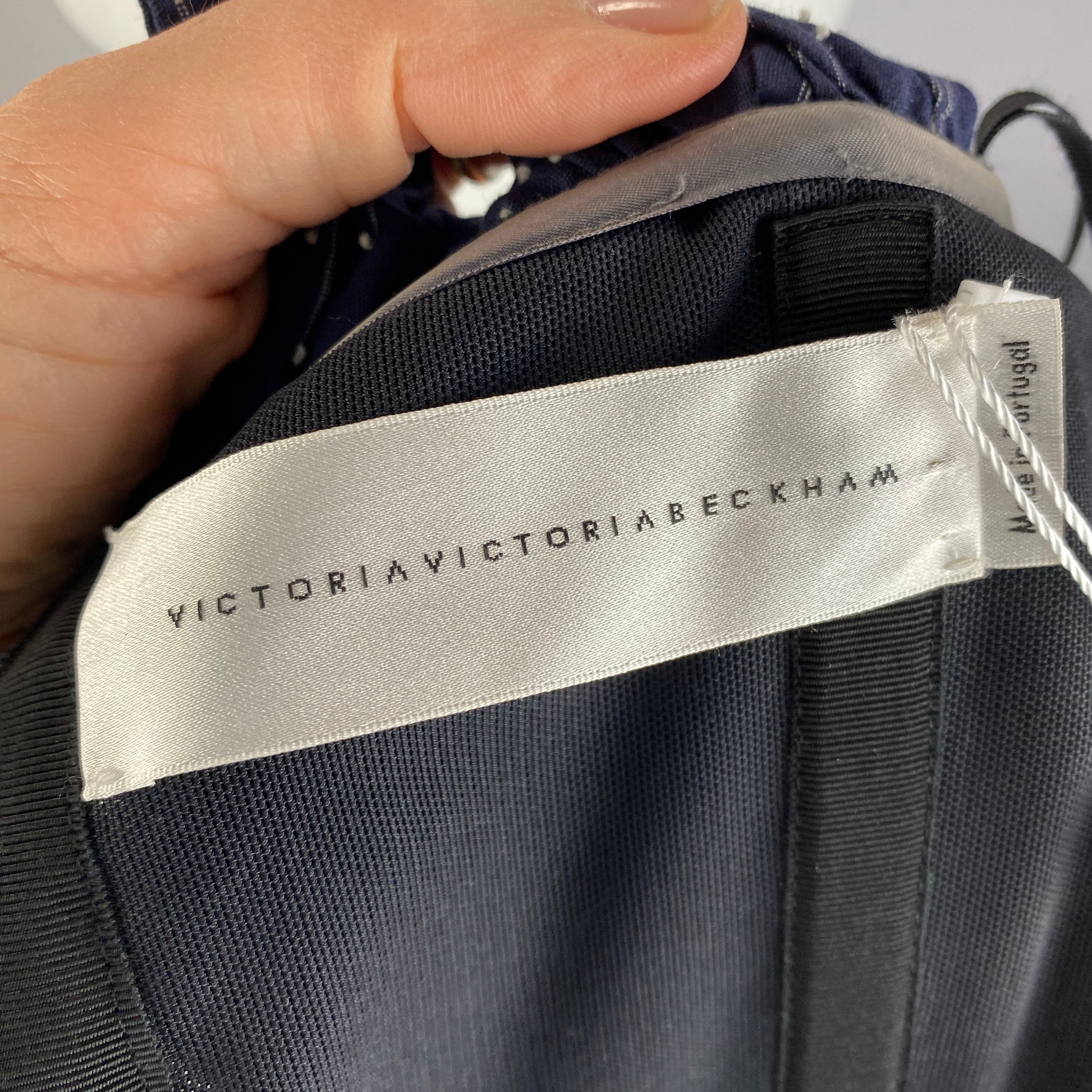 Victoria Beckham Navy Shirred Cotton Strapless Dress S