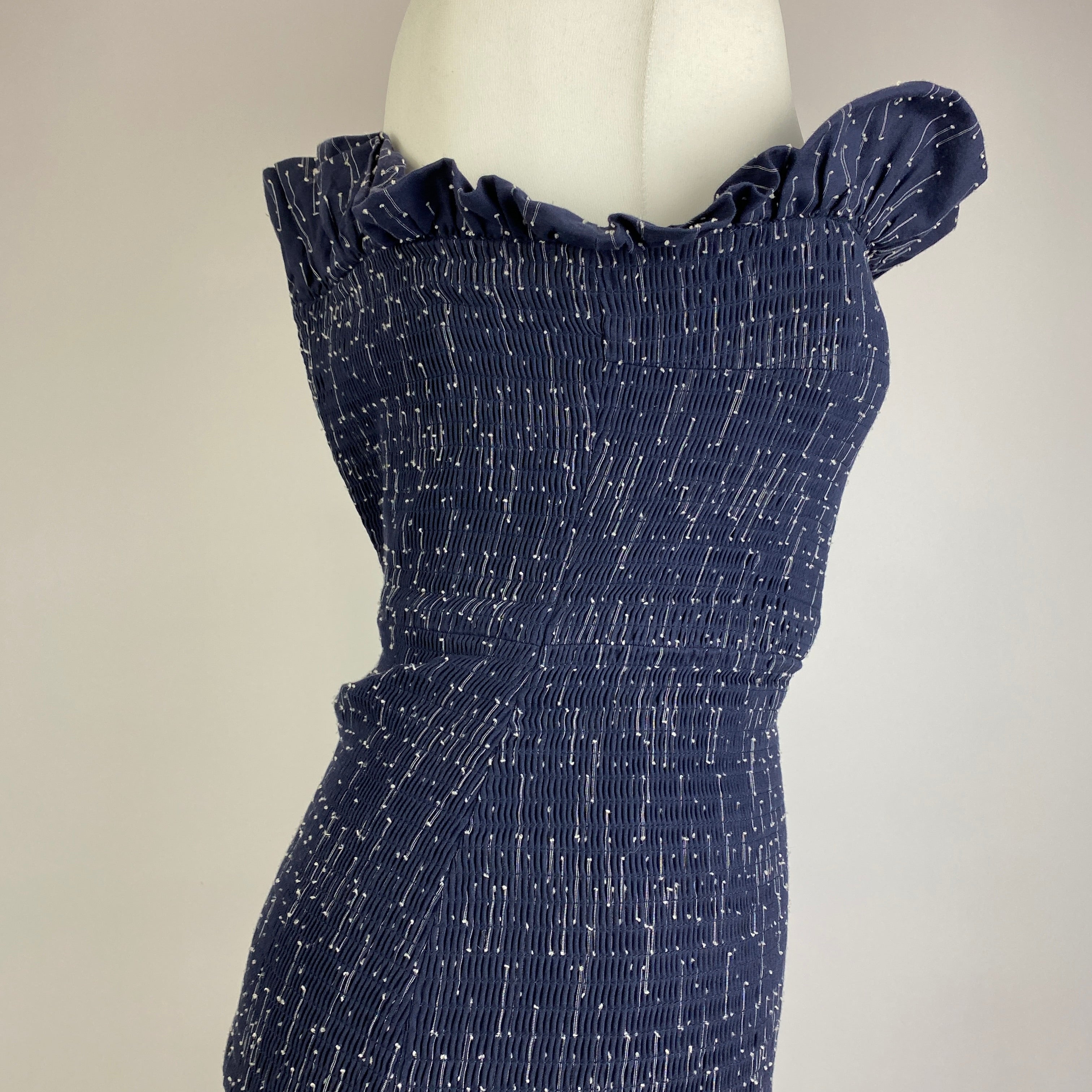 Victoria Beckham Navy Shirred Cotton Strapless Dress S