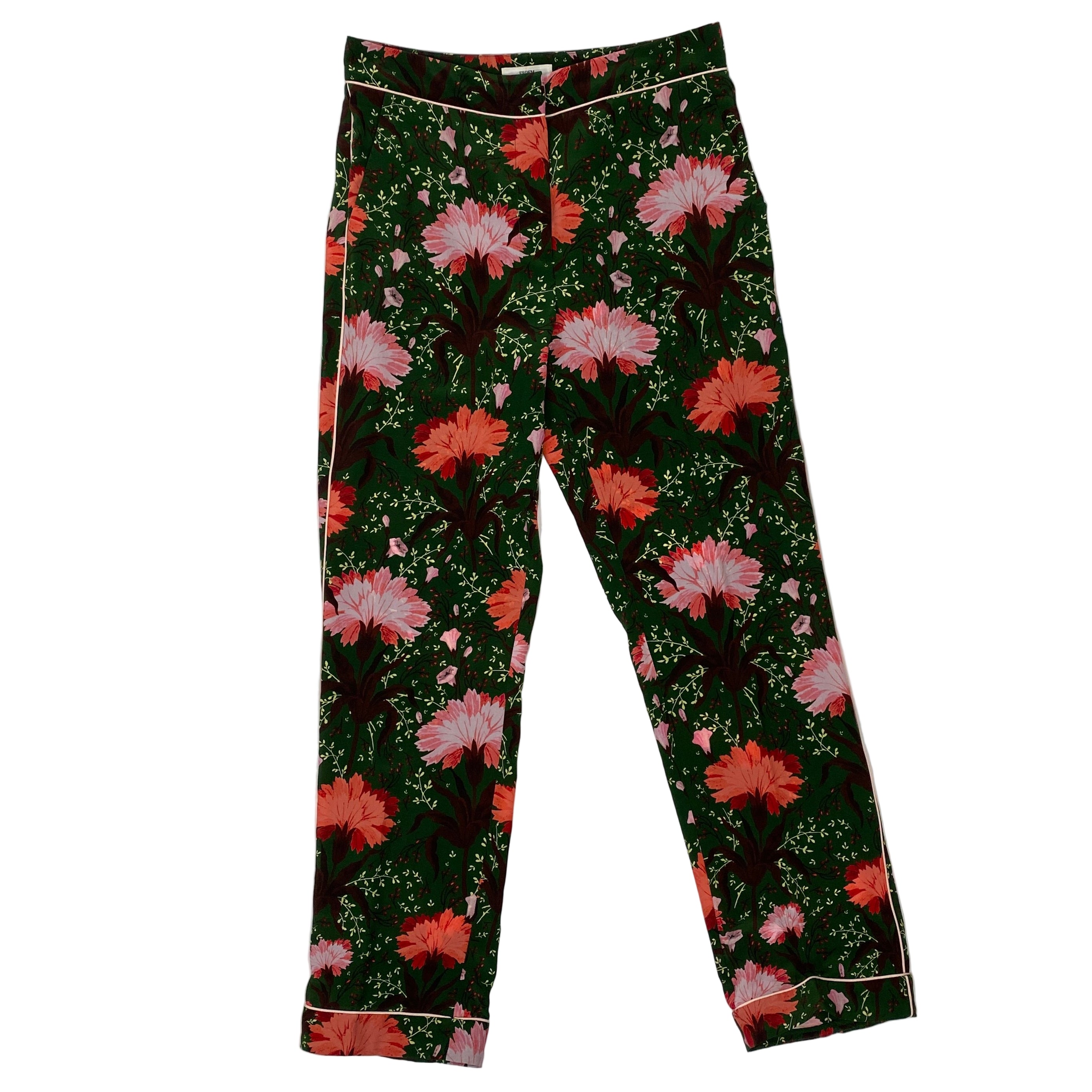 Erdem New Forest Green Floral Silk Ray Pants XS