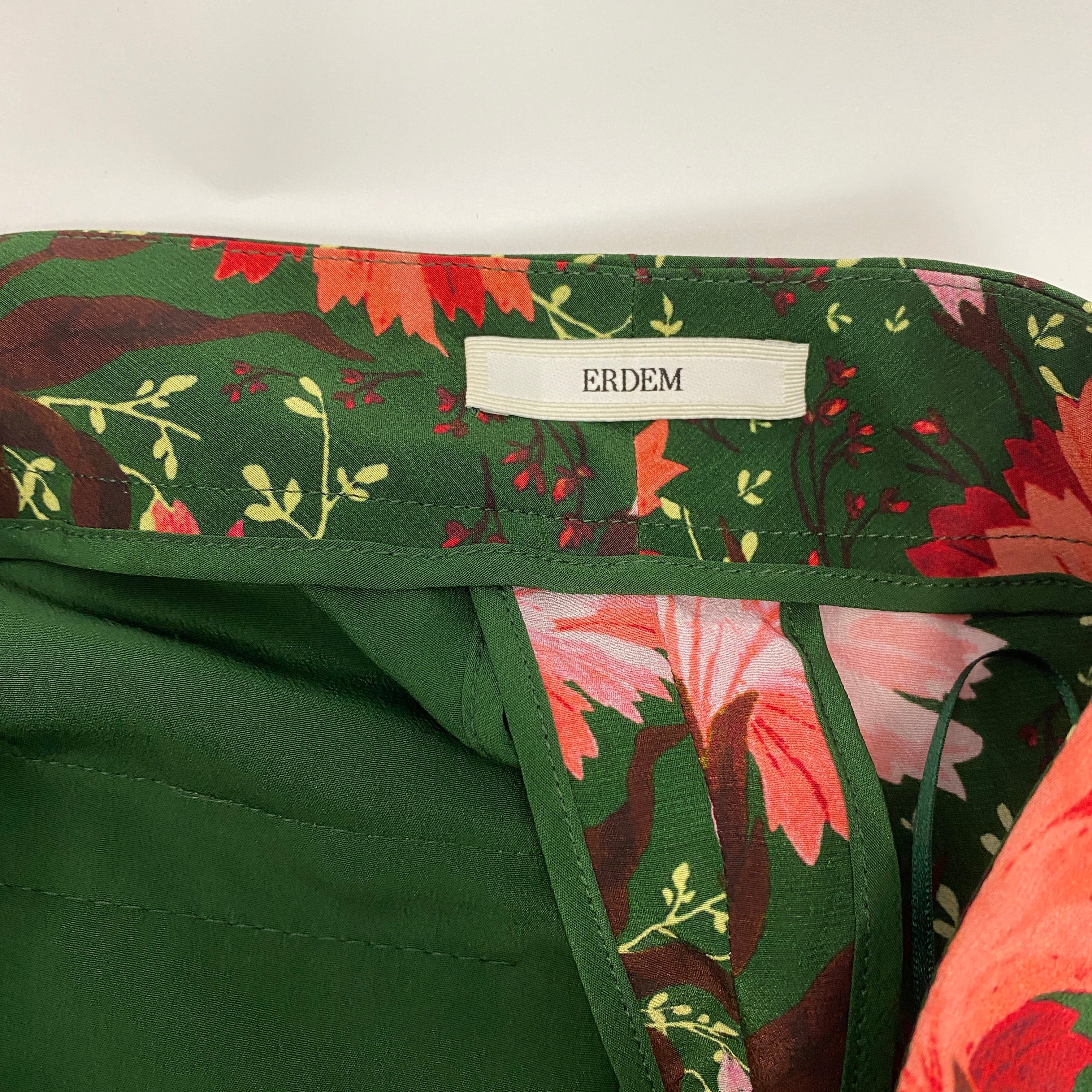 Erdem New Forest Green Floral Silk Ray Pants XS