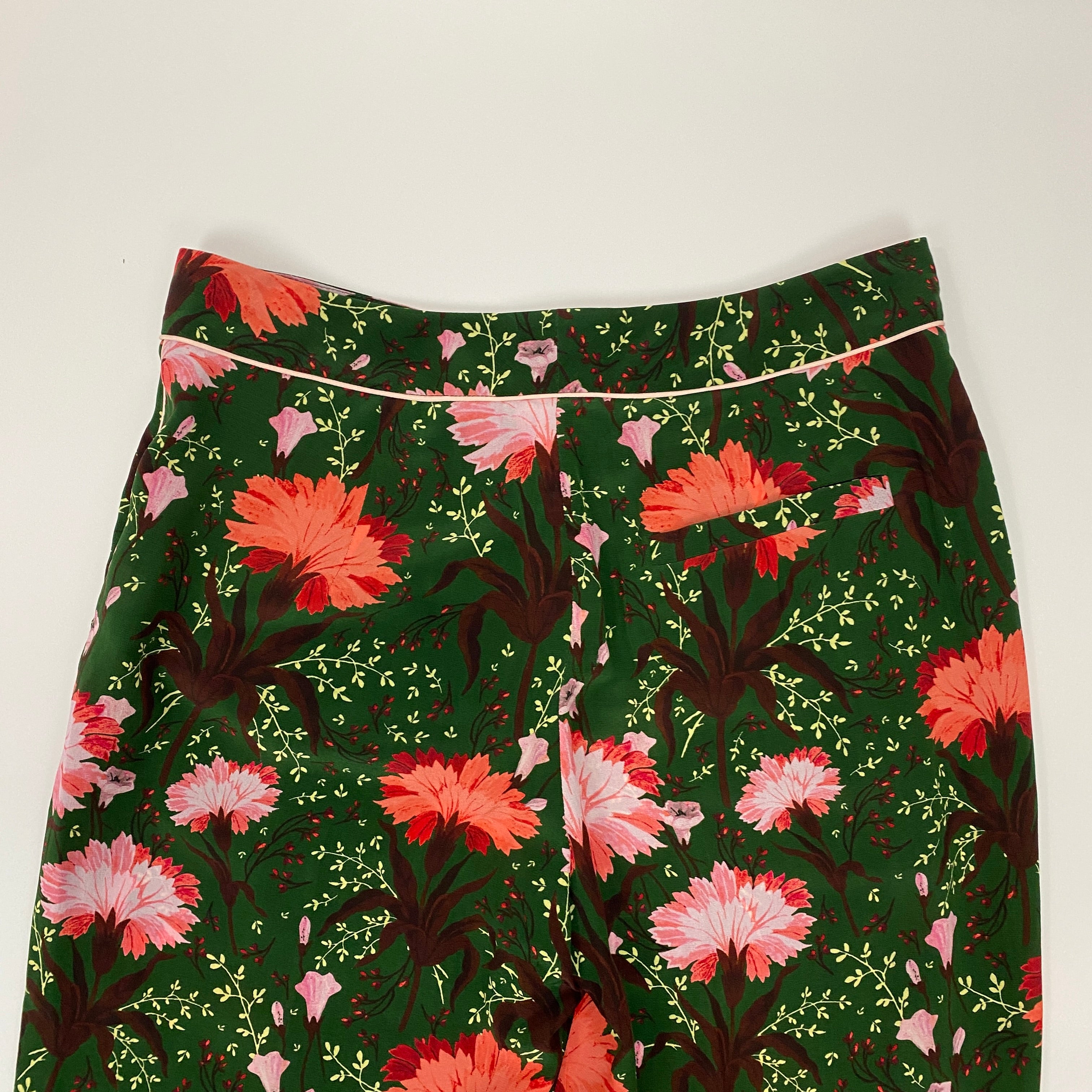 Erdem New Forest Green Floral Silk Ray Pants XS