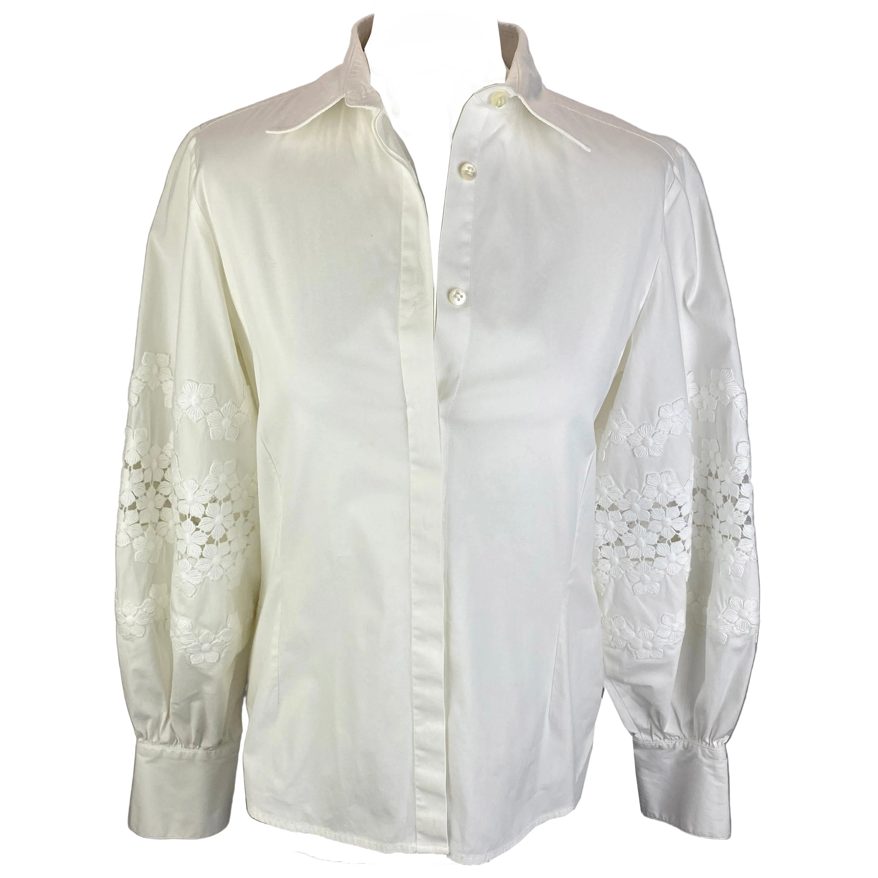 Caroline Herrera Ecru Cotton Balloon Applique Sleeve Blouse M