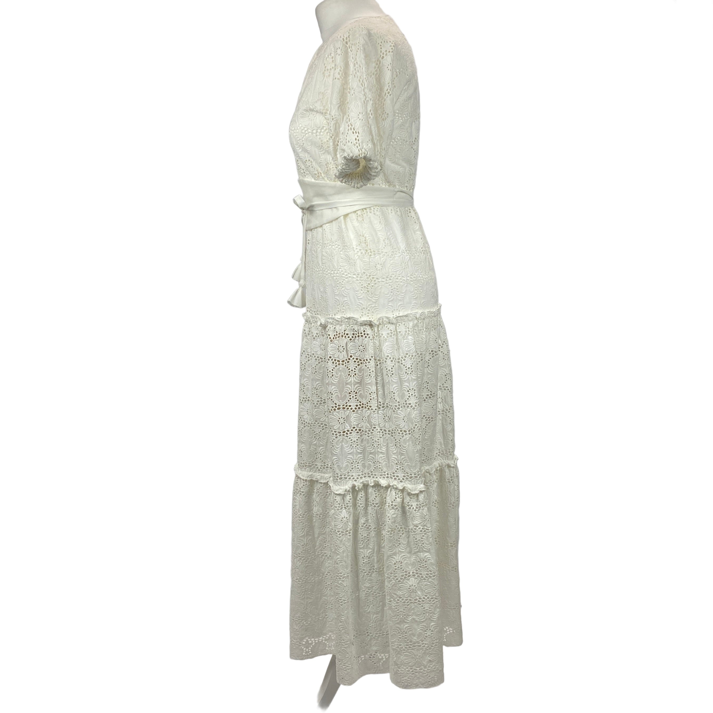 Anna Mason Cream Broderie Anglais Belted Maxi Dress S
