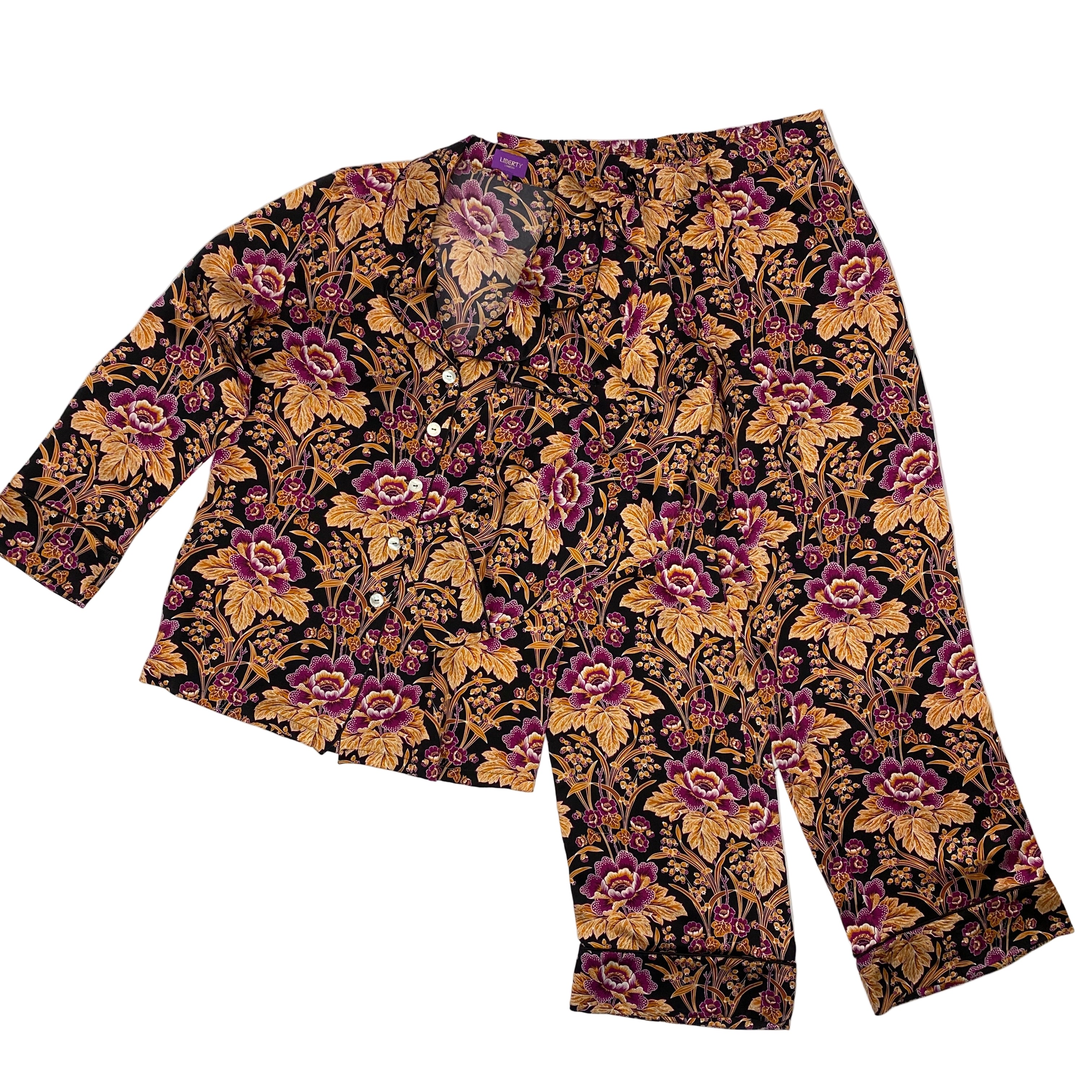 Liberty London £425 Black & Fuchsia Floral Print Silk Pyjama Set S