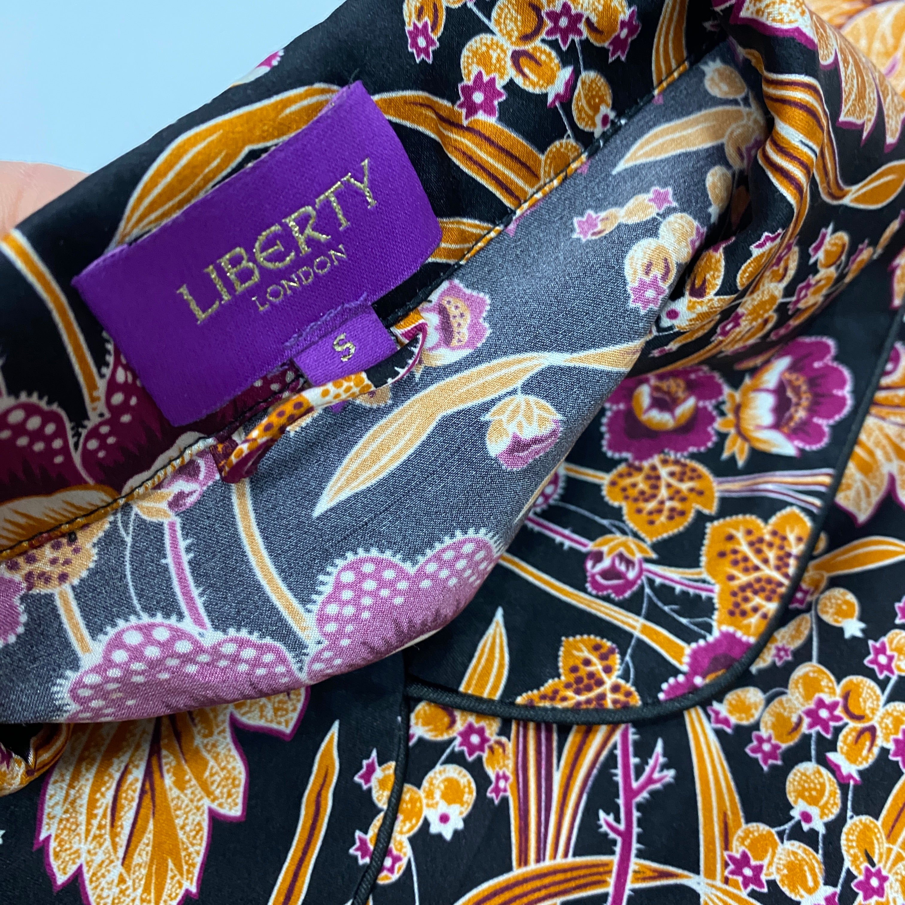 Liberty London £425 Black & Fuchsia Floral Print Silk Pyjama Set S