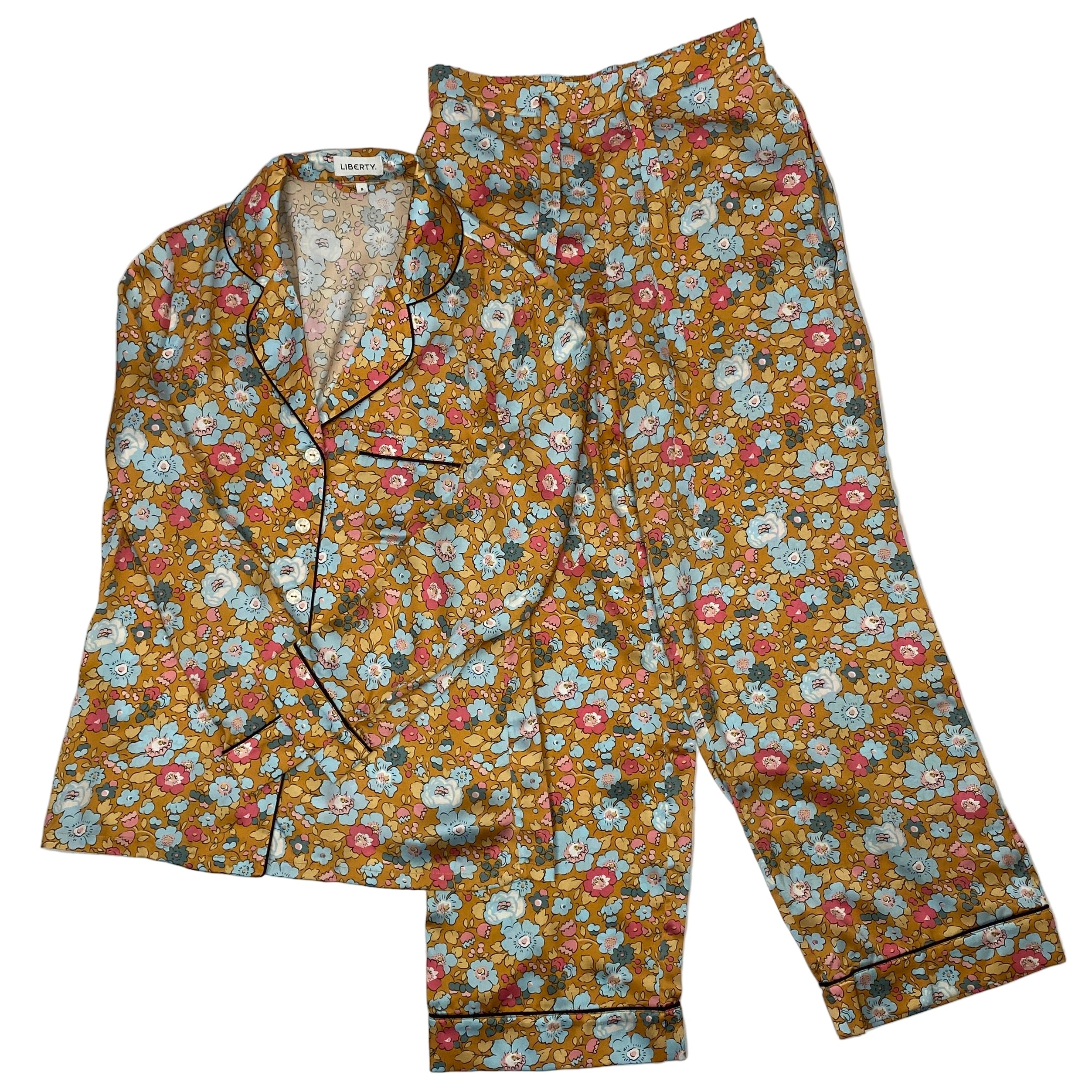 Liberty London £425 Old Gold Floral Print Silk Pyjama Set S