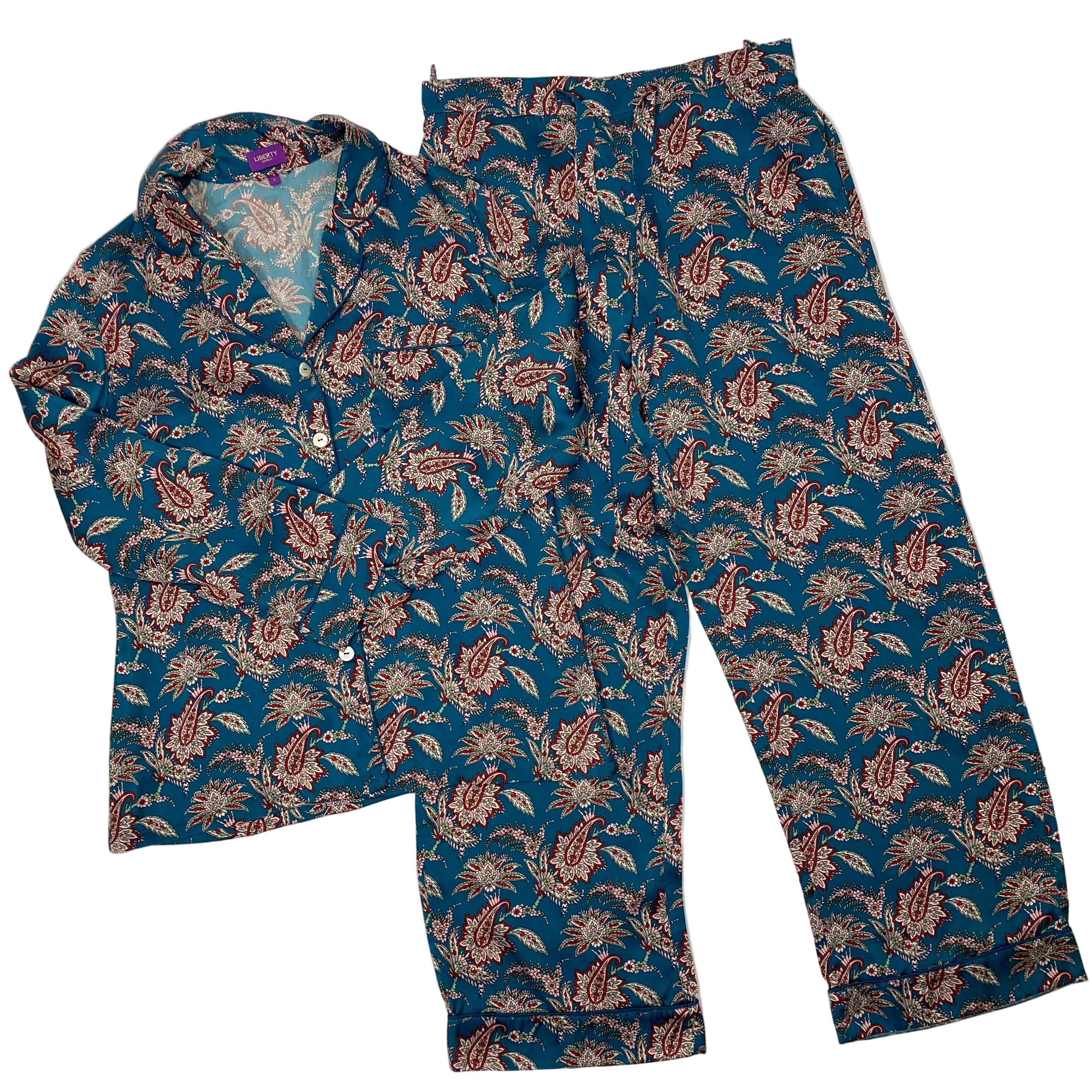 Liberty London £425 Teal Paisley Print Silk Pyjama Set S