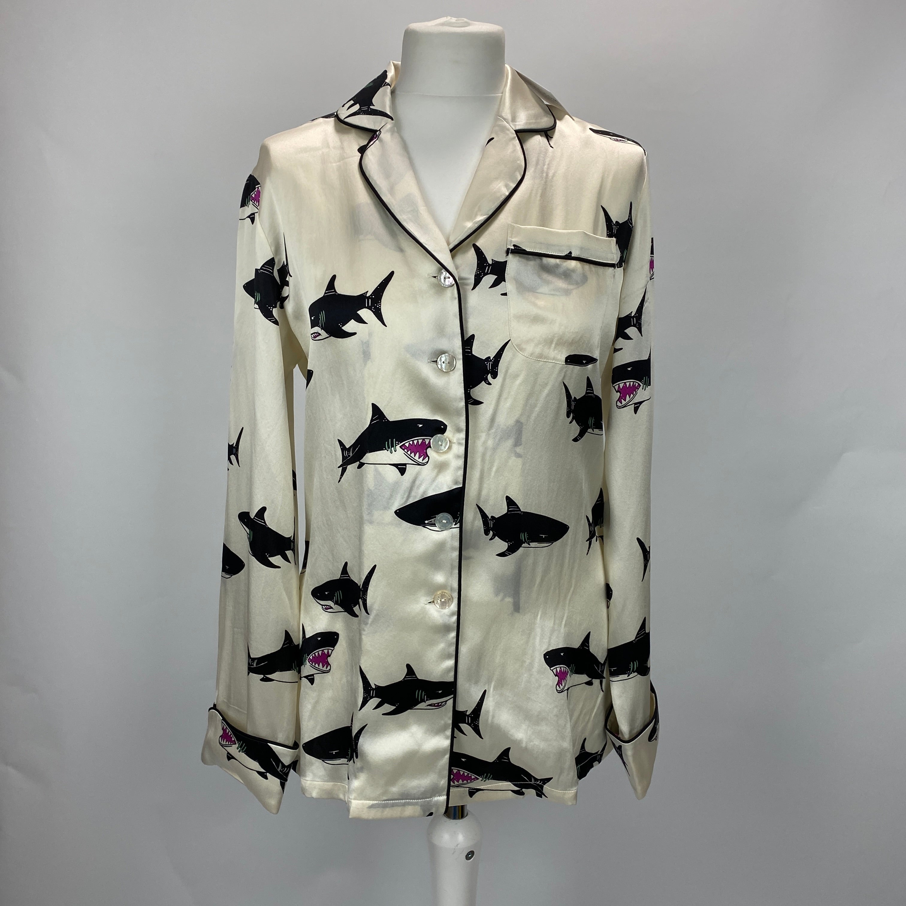 Olivia Von Halle £620 Cream Shark Print Silk Lila Pyjama Set S