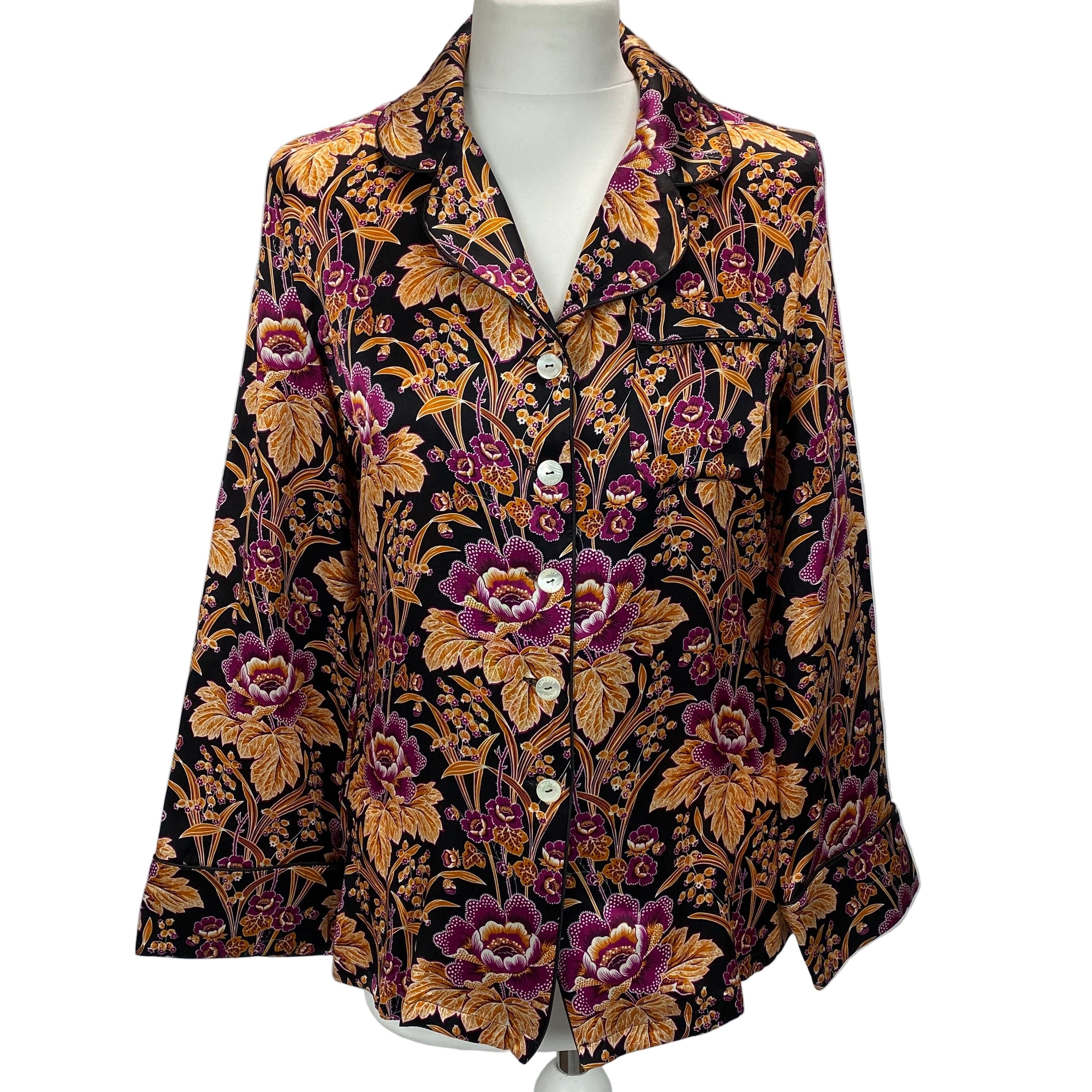Liberty London £425 Black & Fuchsia Floral Print Silk Pyjama Set S