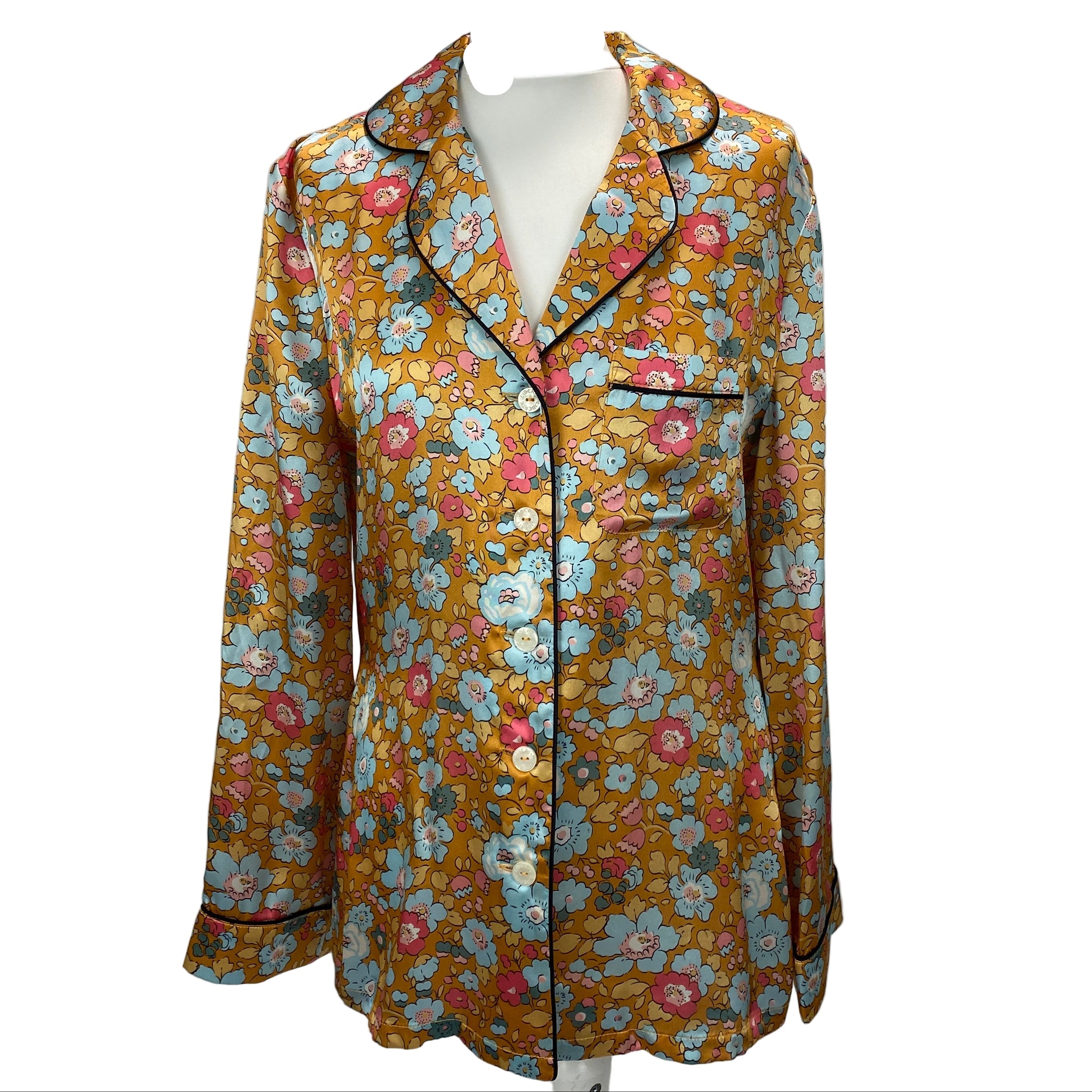 Liberty London £425 Old Gold Floral Print Silk Pyjama Set S