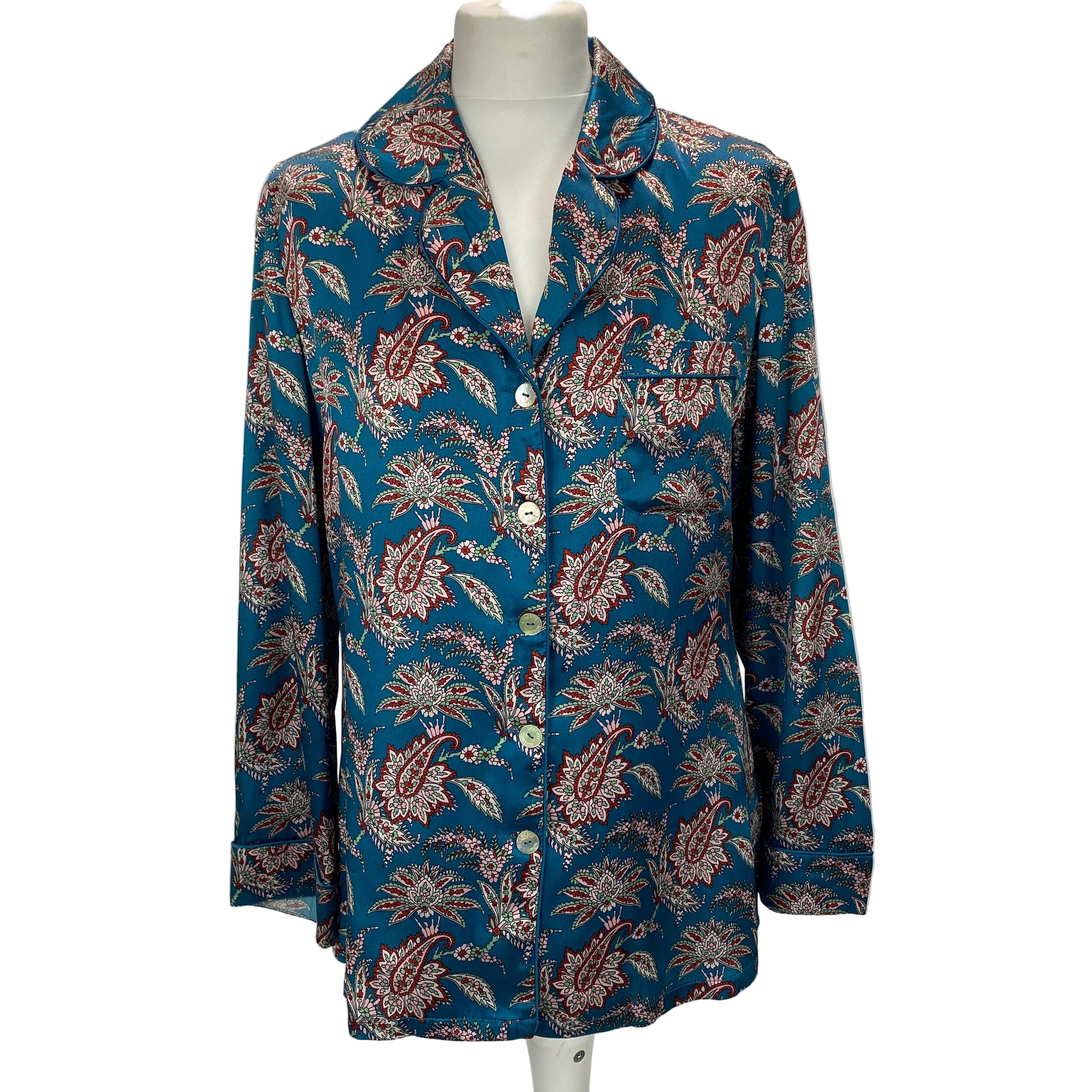 Liberty London £425 Teal Paisley Print Silk Pyjama Set S