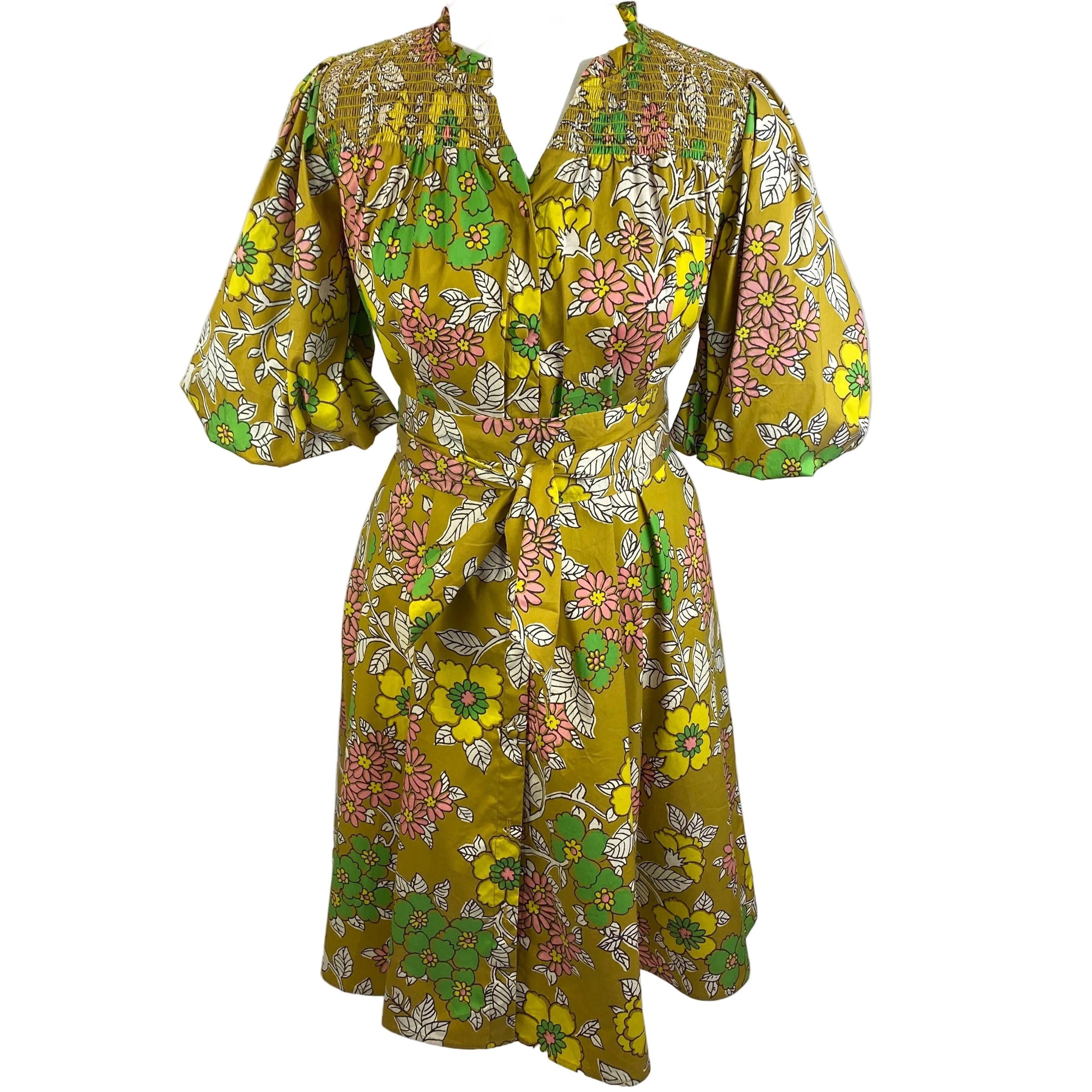 Tory Burch Mustard Floral Belted Midi Dress M