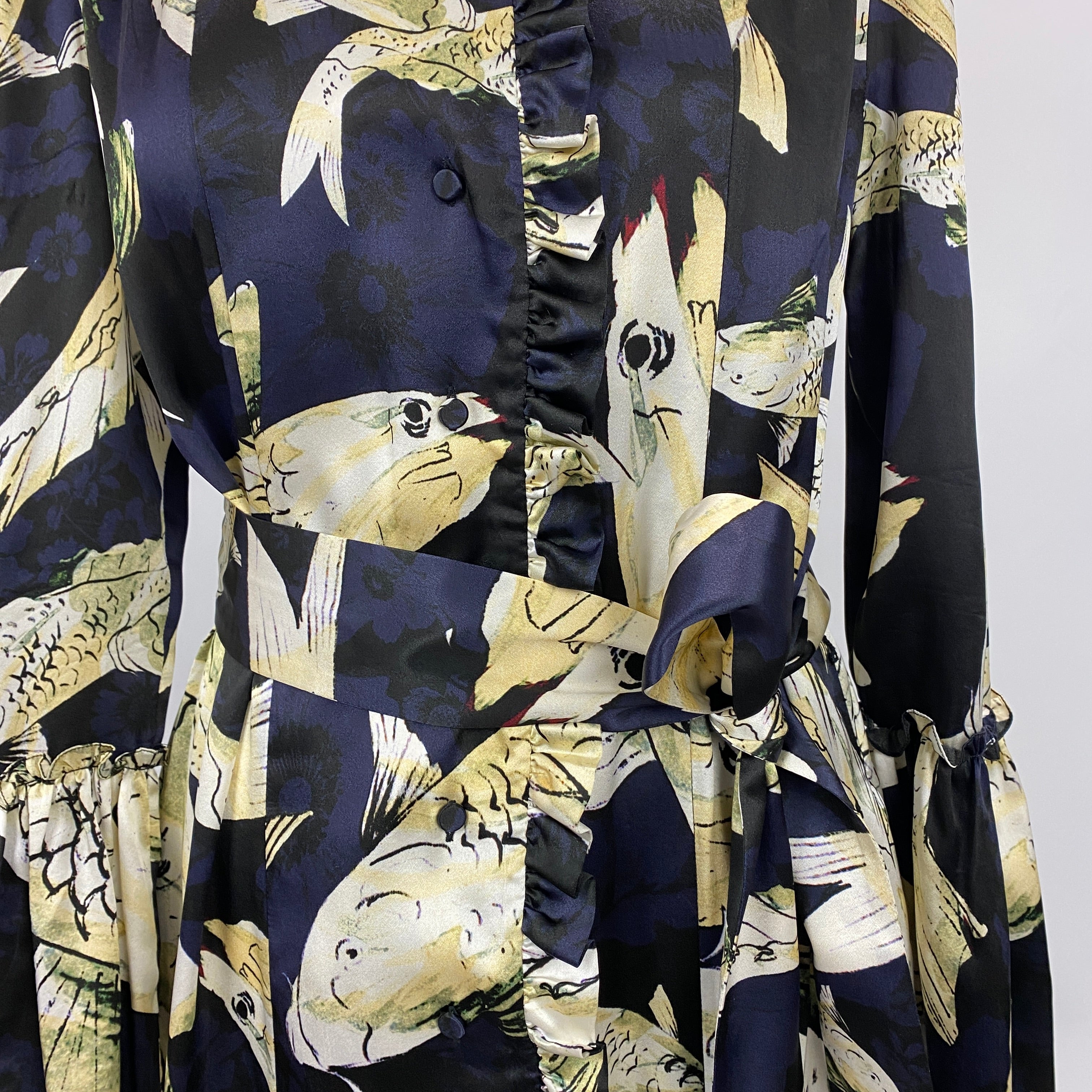 Erdem Black & Cream Carp Print Silk Maxi Siren Dress M
