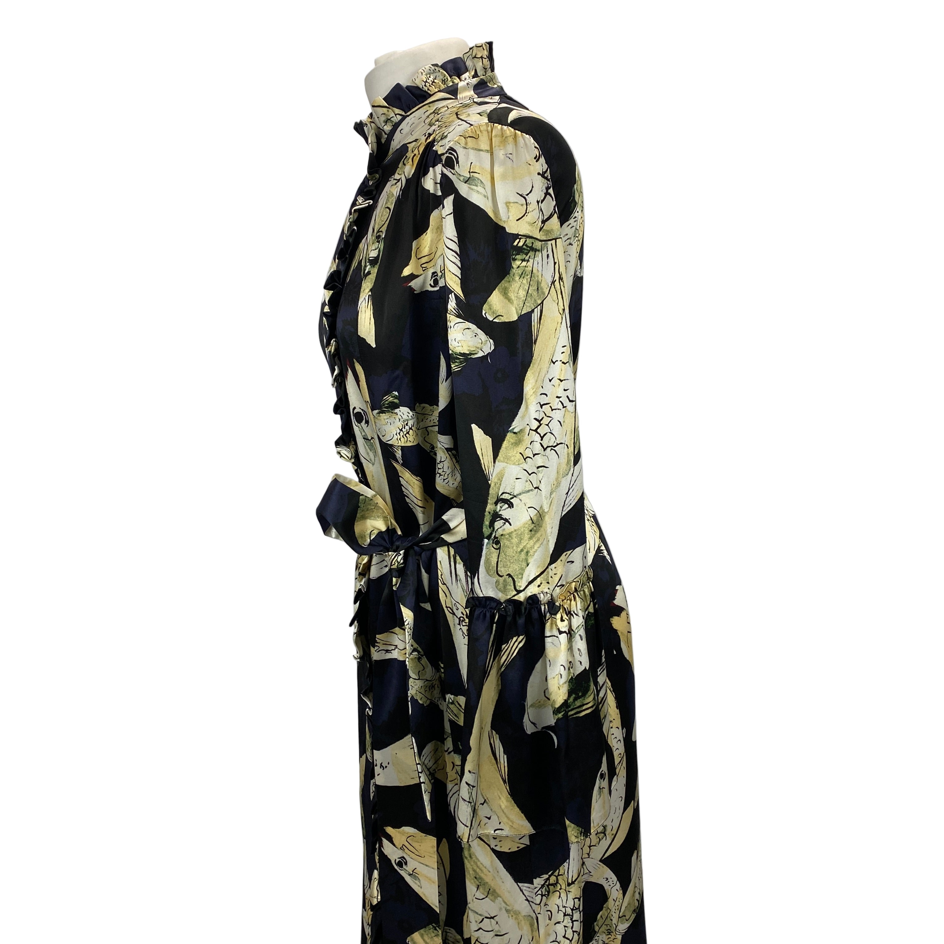 Erdem Black & Cream Carp Print Silk Maxi Siren Dress M