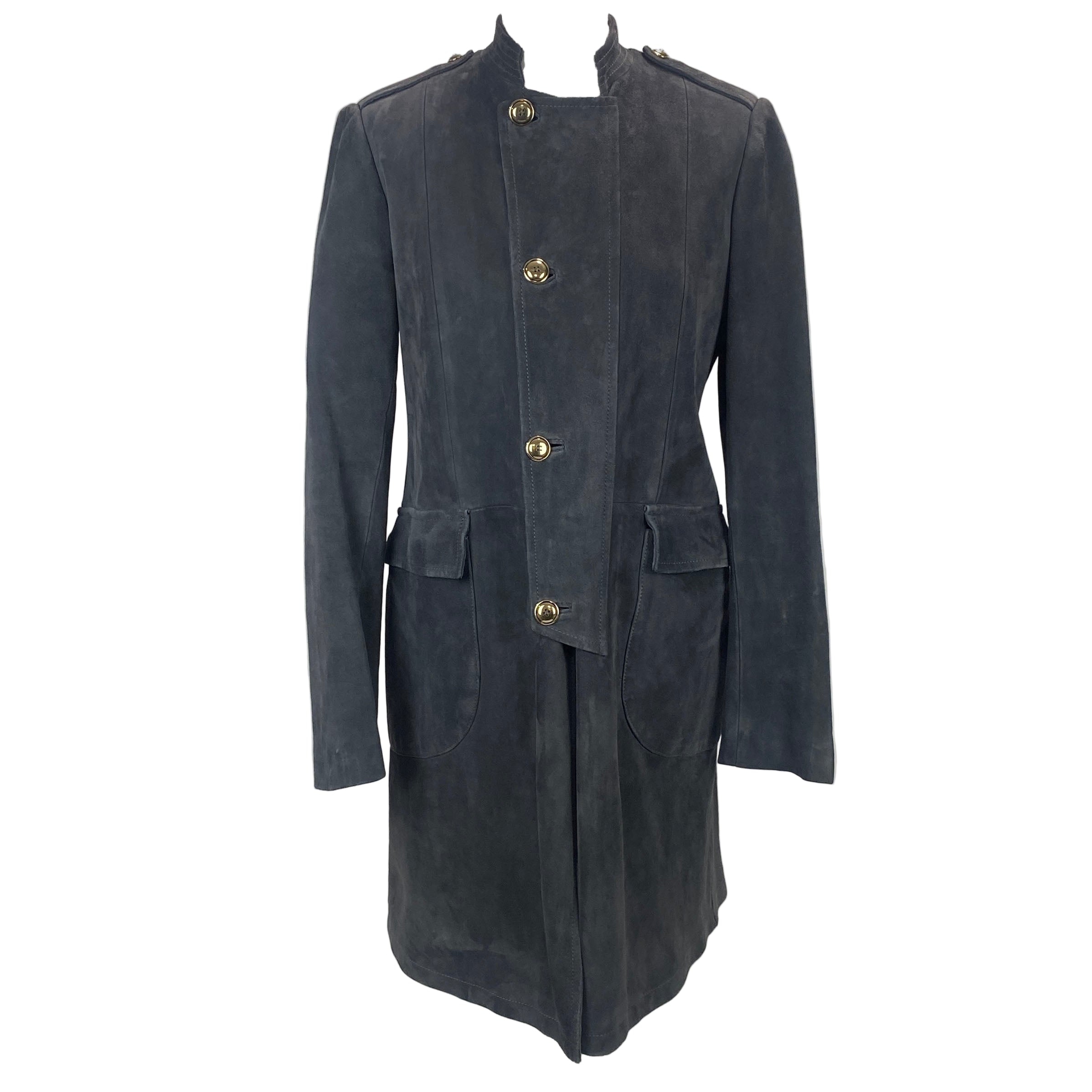 Yves Saint Laurent Smoke Grey Suede Nehru Collar Coat M