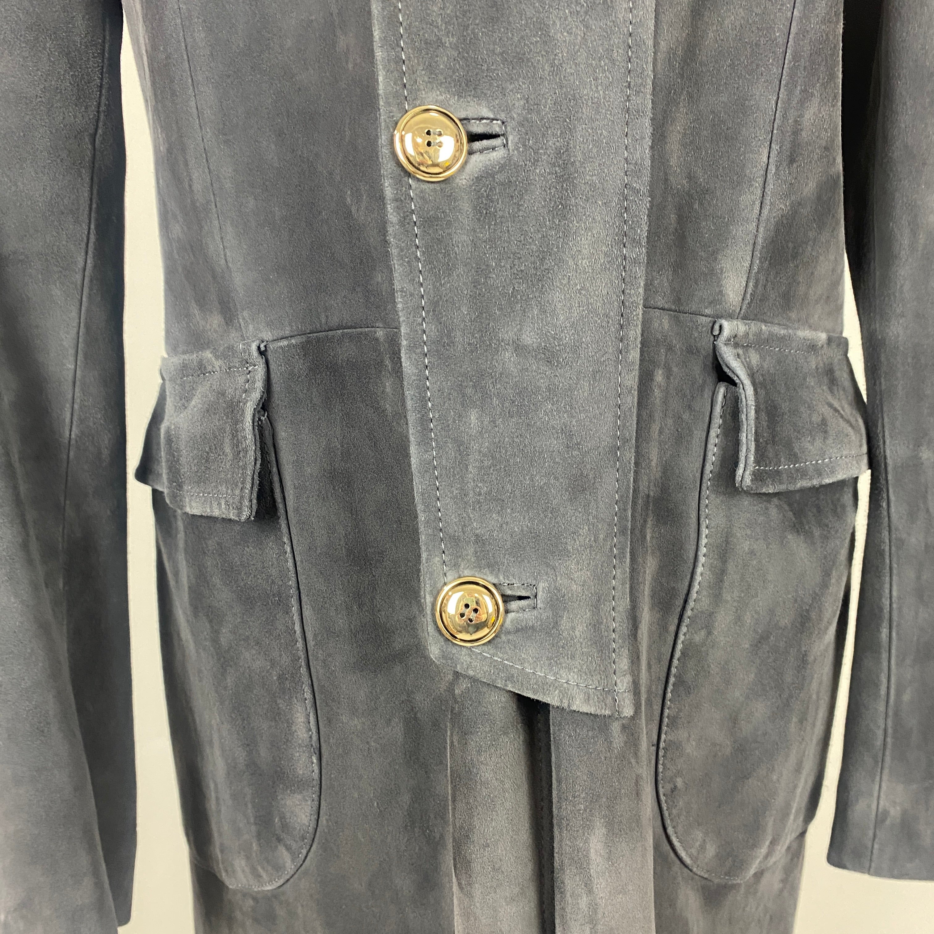 Yves Saint Laurent Smoke Grey Suede Nehru Collar Coat M