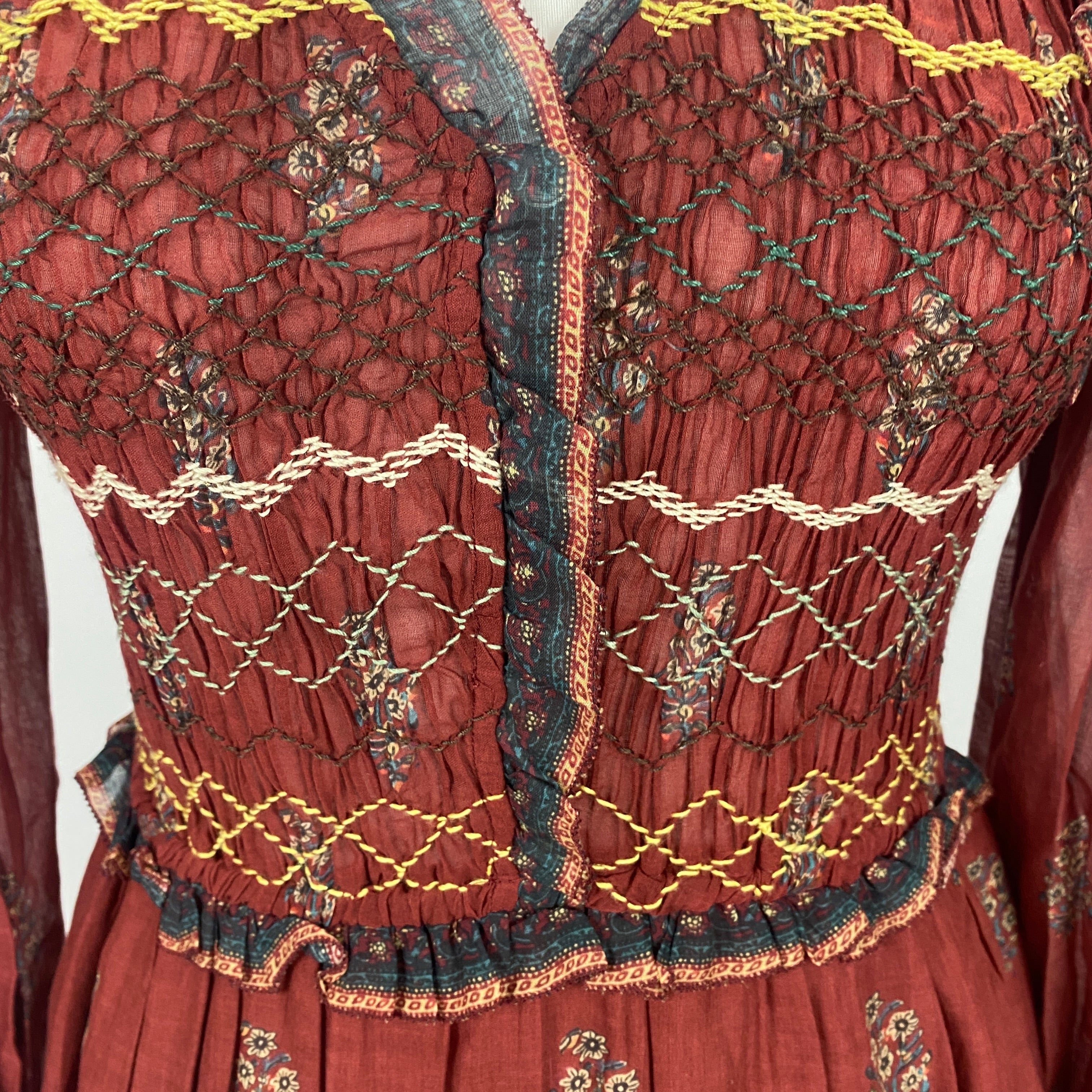 Sea New York Cranberry Cotton Shirred Bodice Dress M