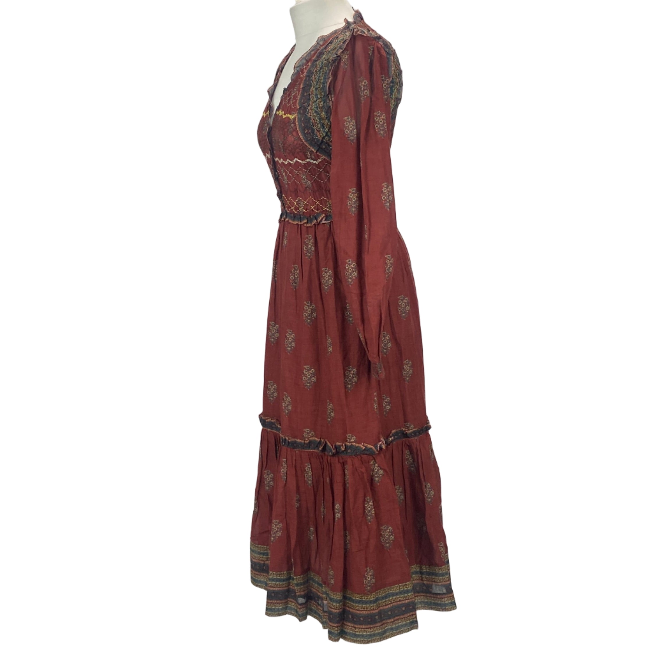 Sea New York Cranberry Cotton Shirred Bodice Dress M