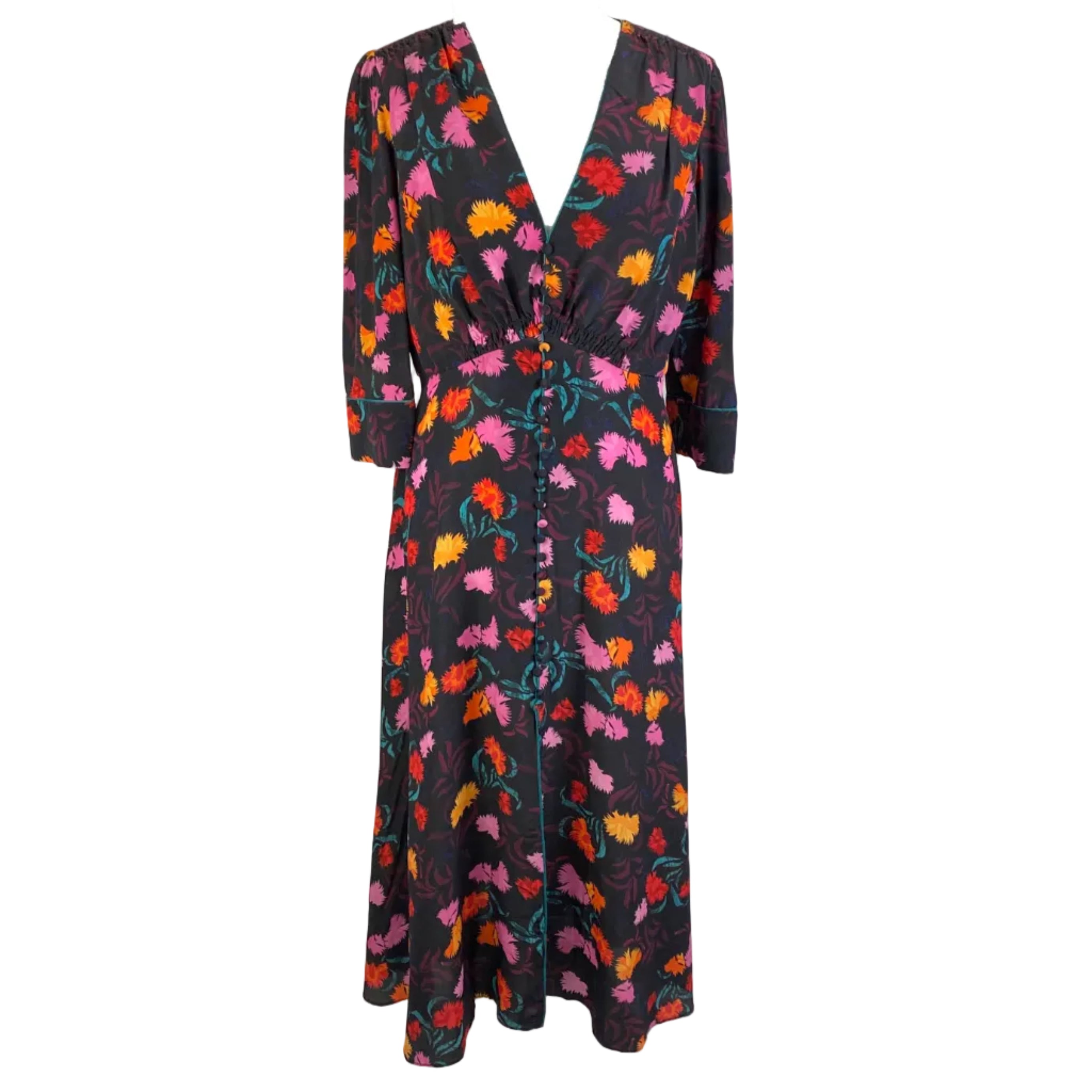 Saloni Black Floral Print Silk Tea Dress L