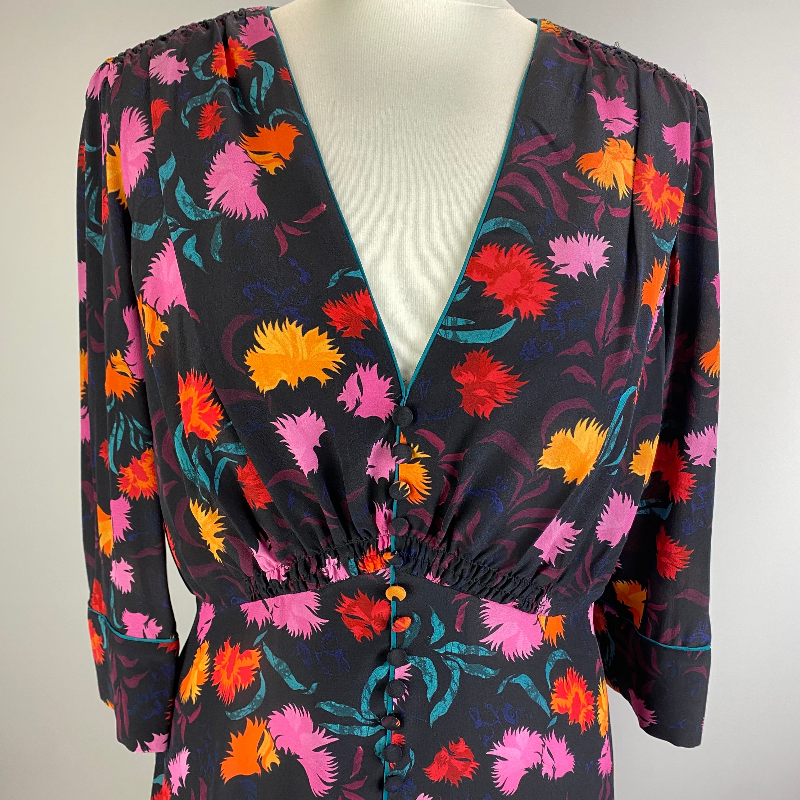 Saloni Black Floral Print Silk Tea Dress L