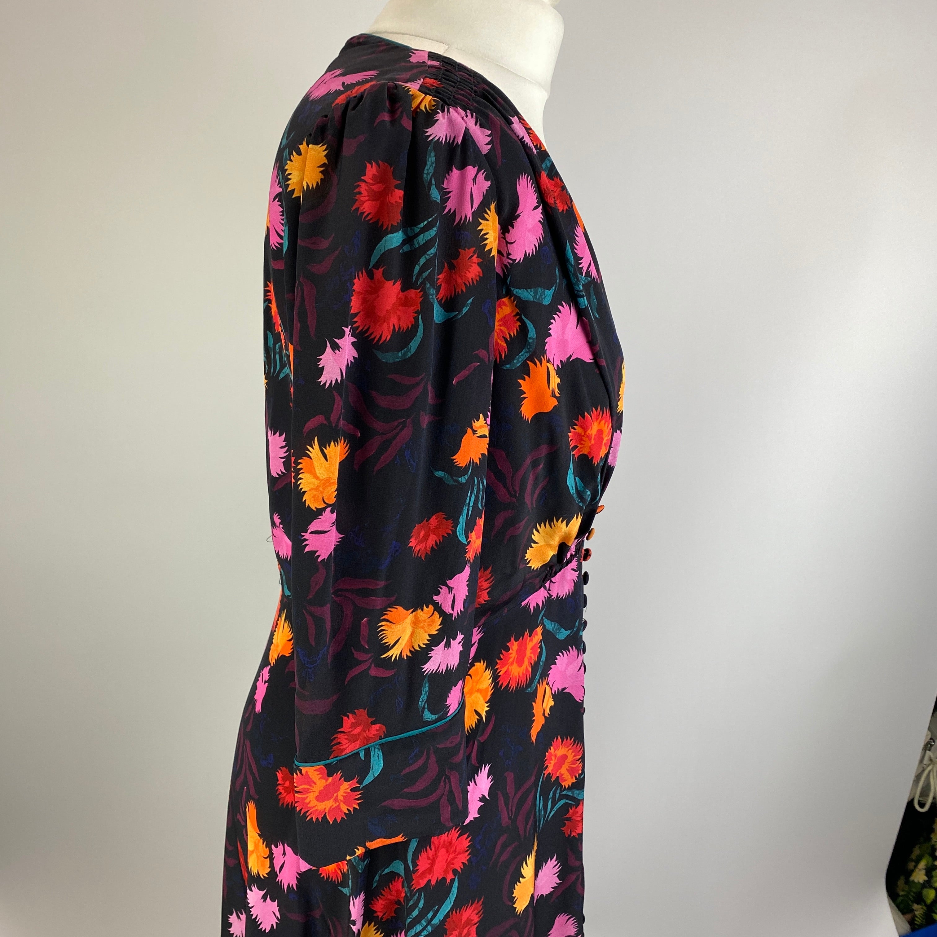 Saloni Black Floral Print Silk Tea Dress L
