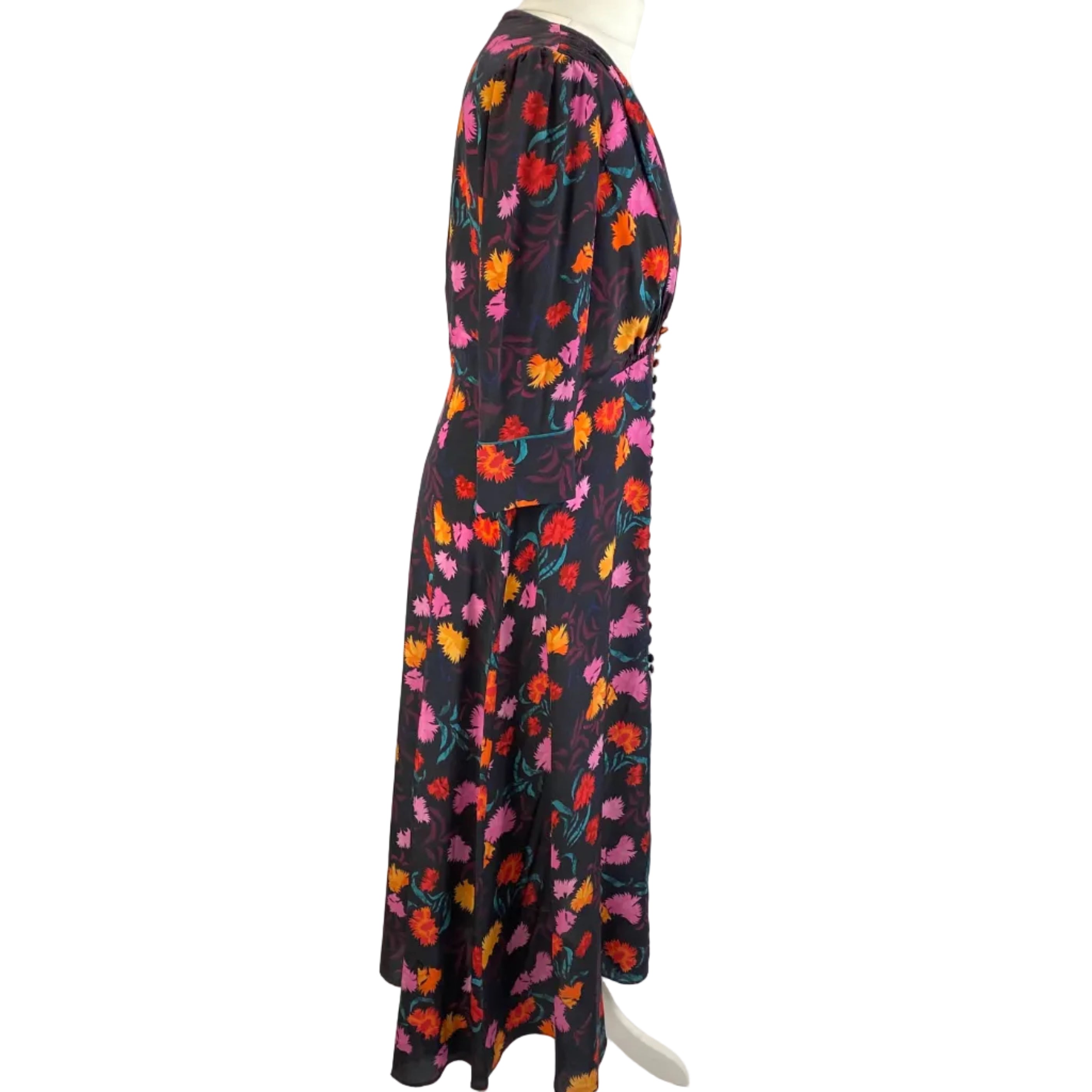 Saloni Black Floral Print Silk Tea Dress L