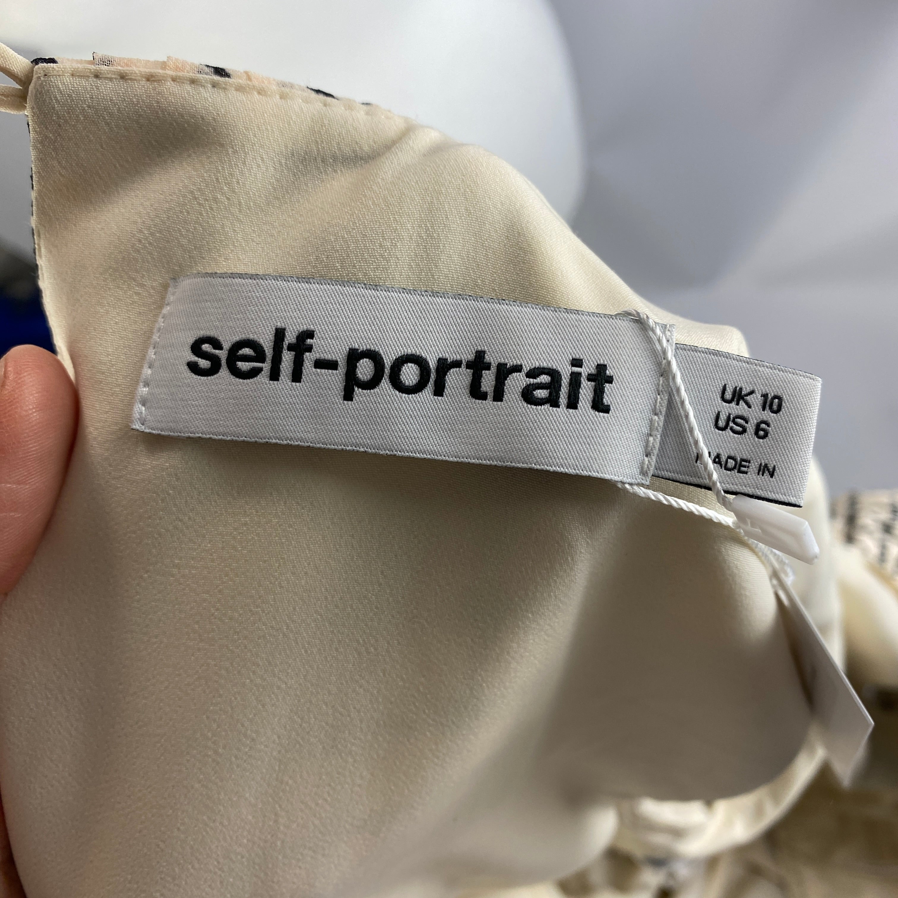 Self-Portrait £400 Cream & Black Check Chiffon Maxi Dress S
