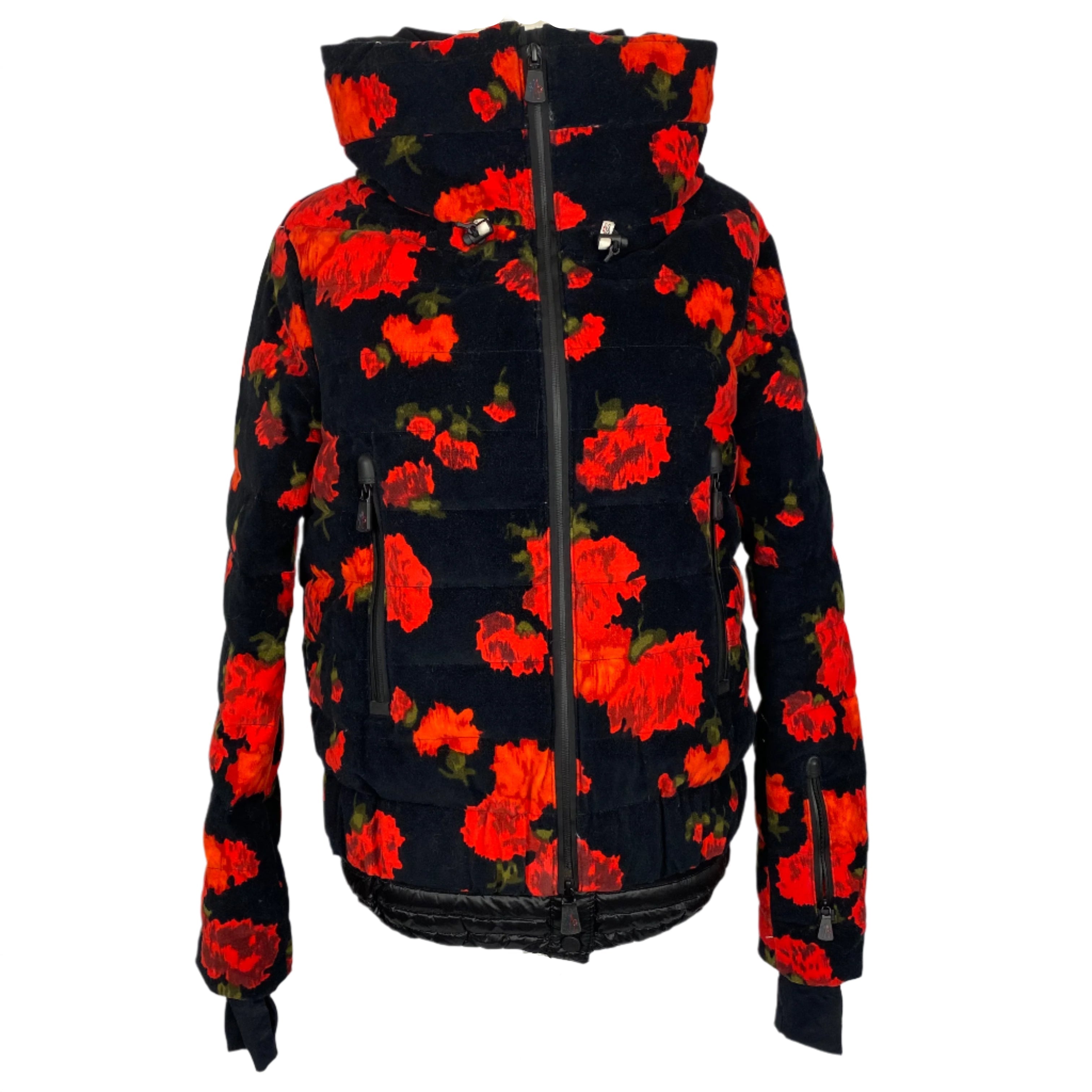 Moncler Genius £1750 Red & Black Floral Velvet Vonne Ski Jacket XXS