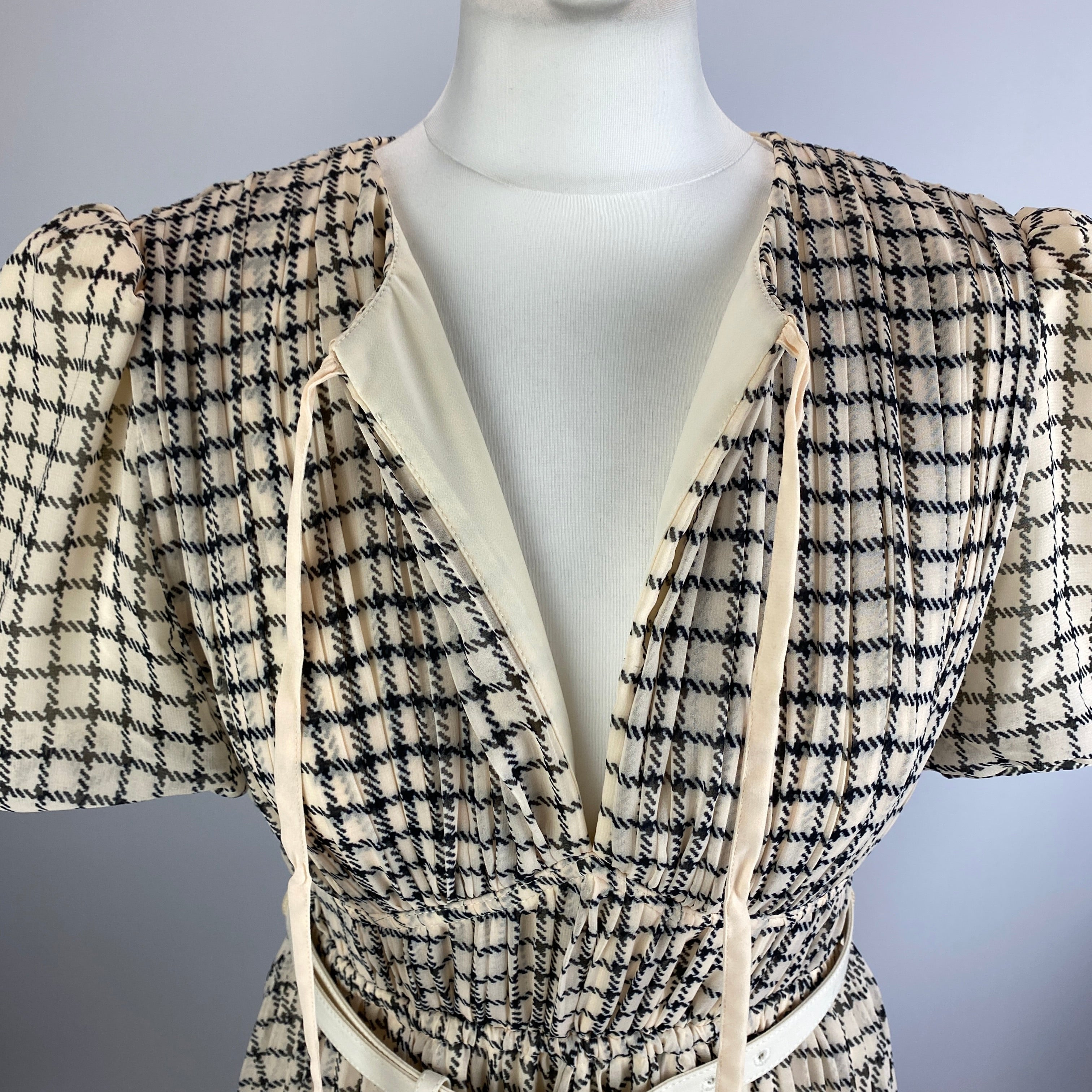 Self-Portrait £400 Cream & Black Check Chiffon Maxi Dress S