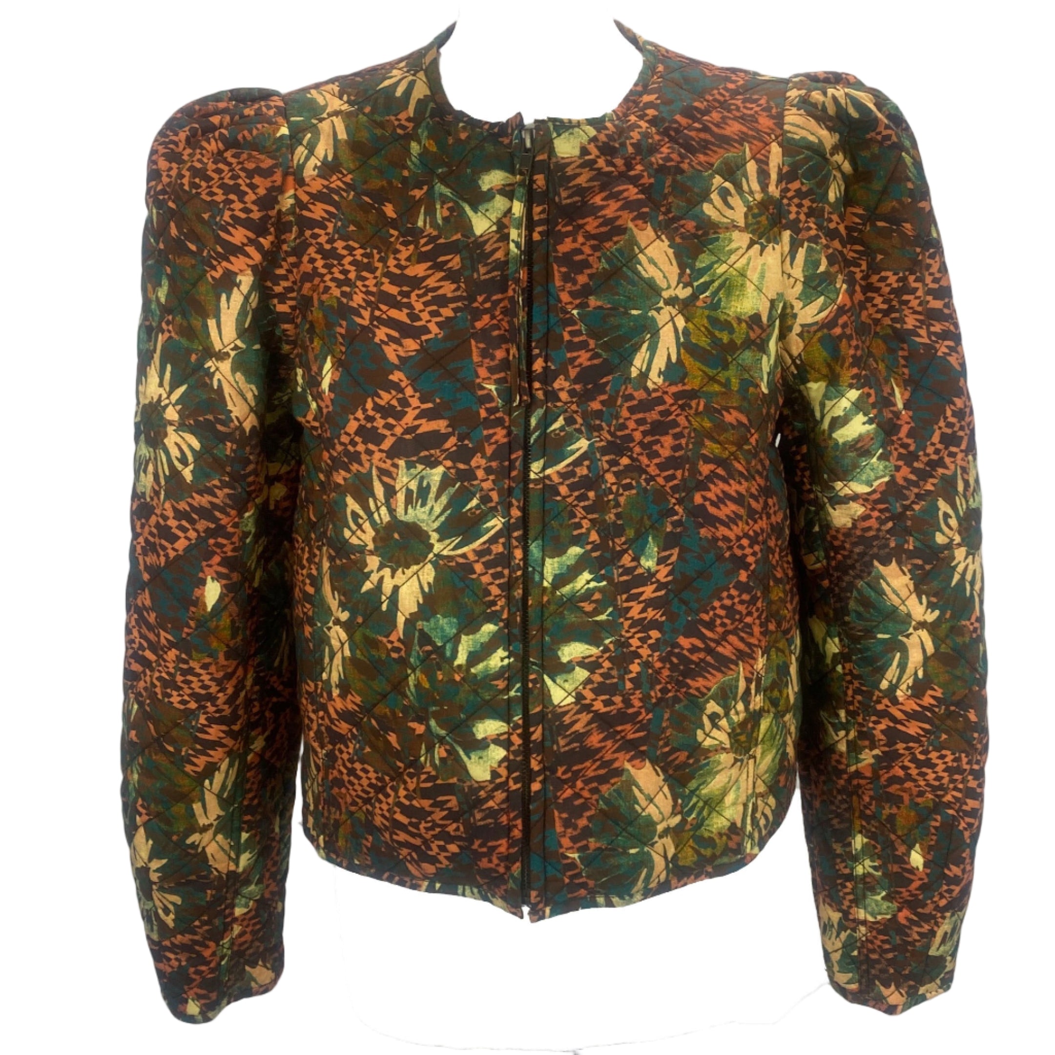 Ulla Johnson Tan & Green Floral Quilted Cotton Jacket M