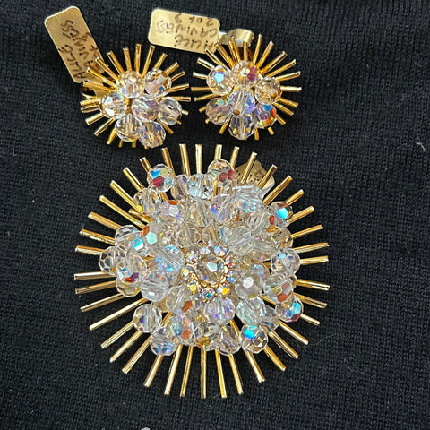 Alice Caviness Vintage 1950s Crystal & Gold Starburst Brooch & Earrings