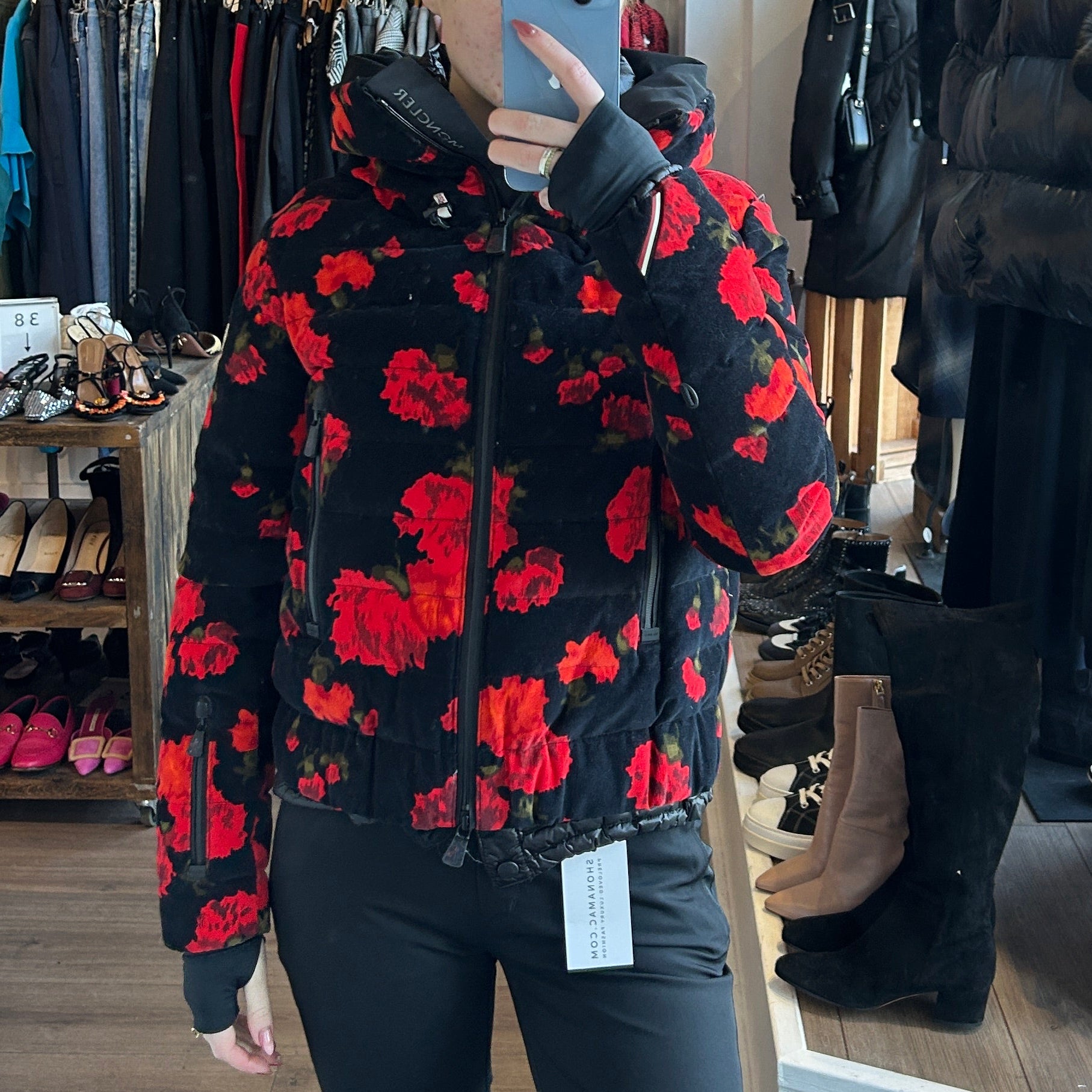 Moncler Genius £1750 Red & Black Floral Velvet Vonne Ski Jacket XXS