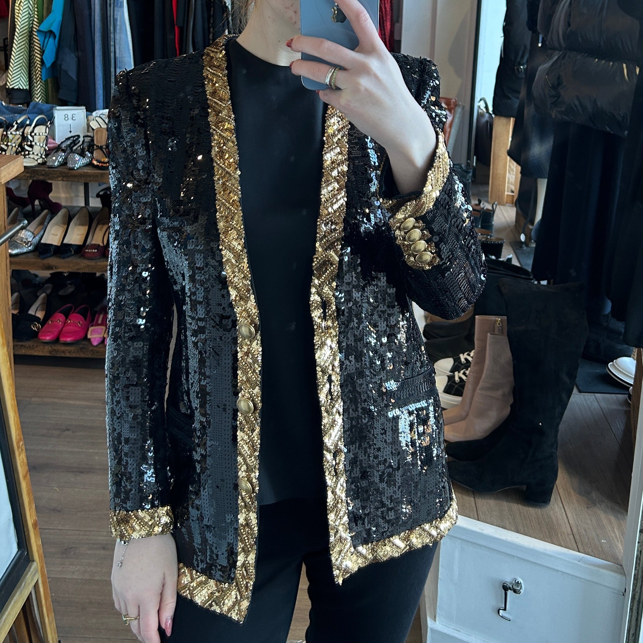 Saint Laurent New Black & Gold Sequin Jacket XS